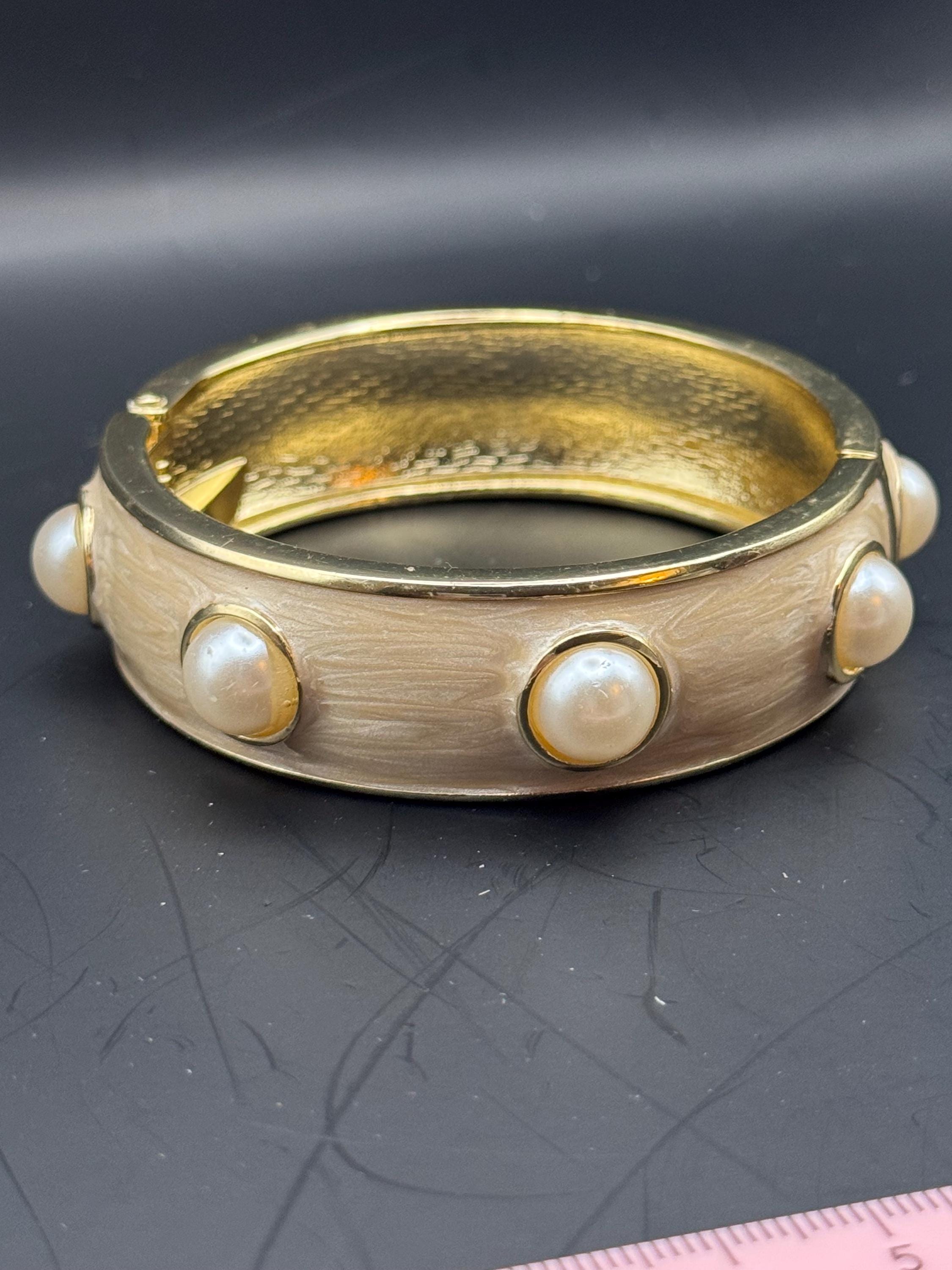 Retro pearl cabochon cream enamel Clamper Bangle Bracelet.