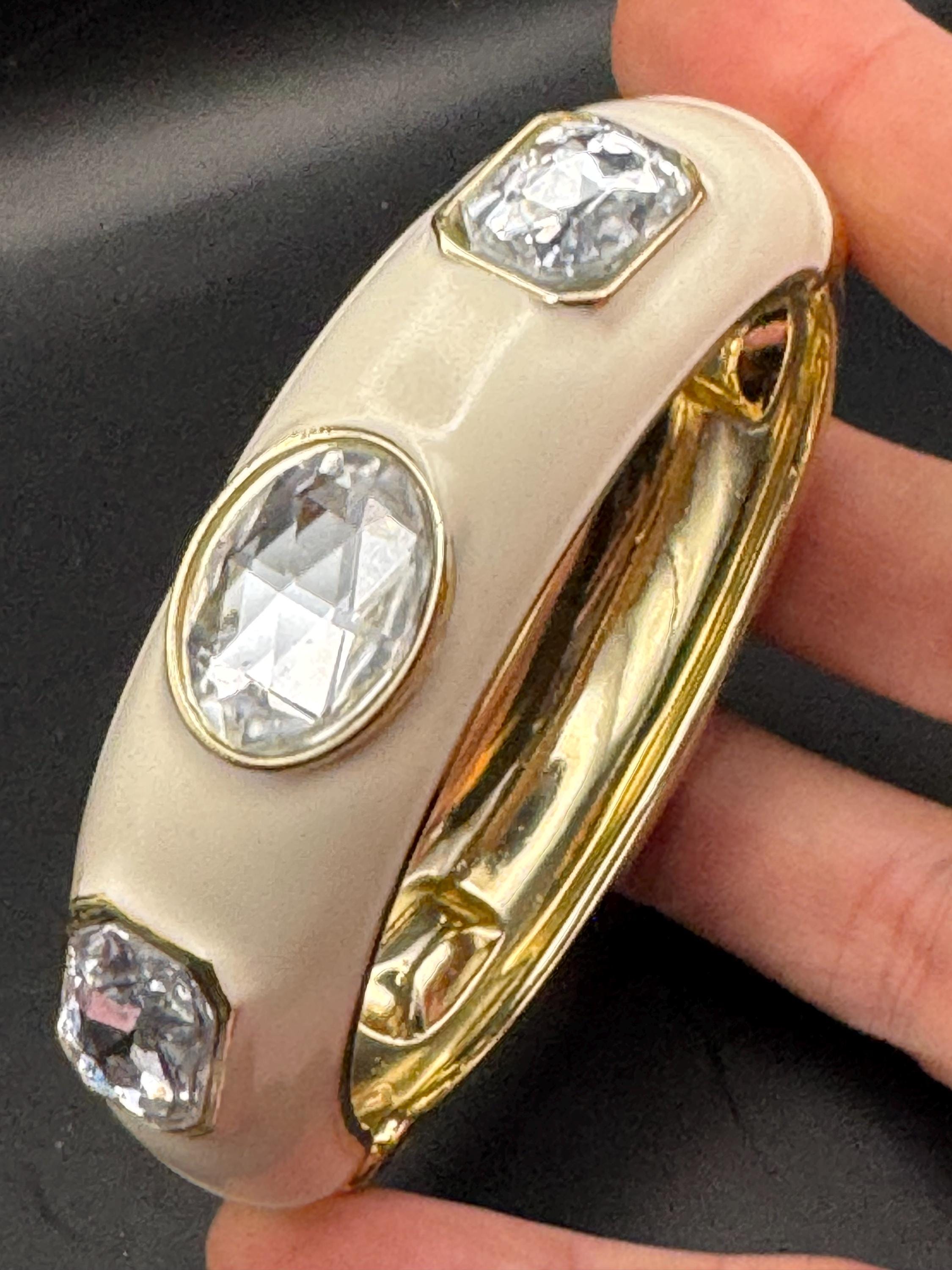 Retro clear crystal cabochon cream enamel Clamper Bangle, diamanté  Bracelet.