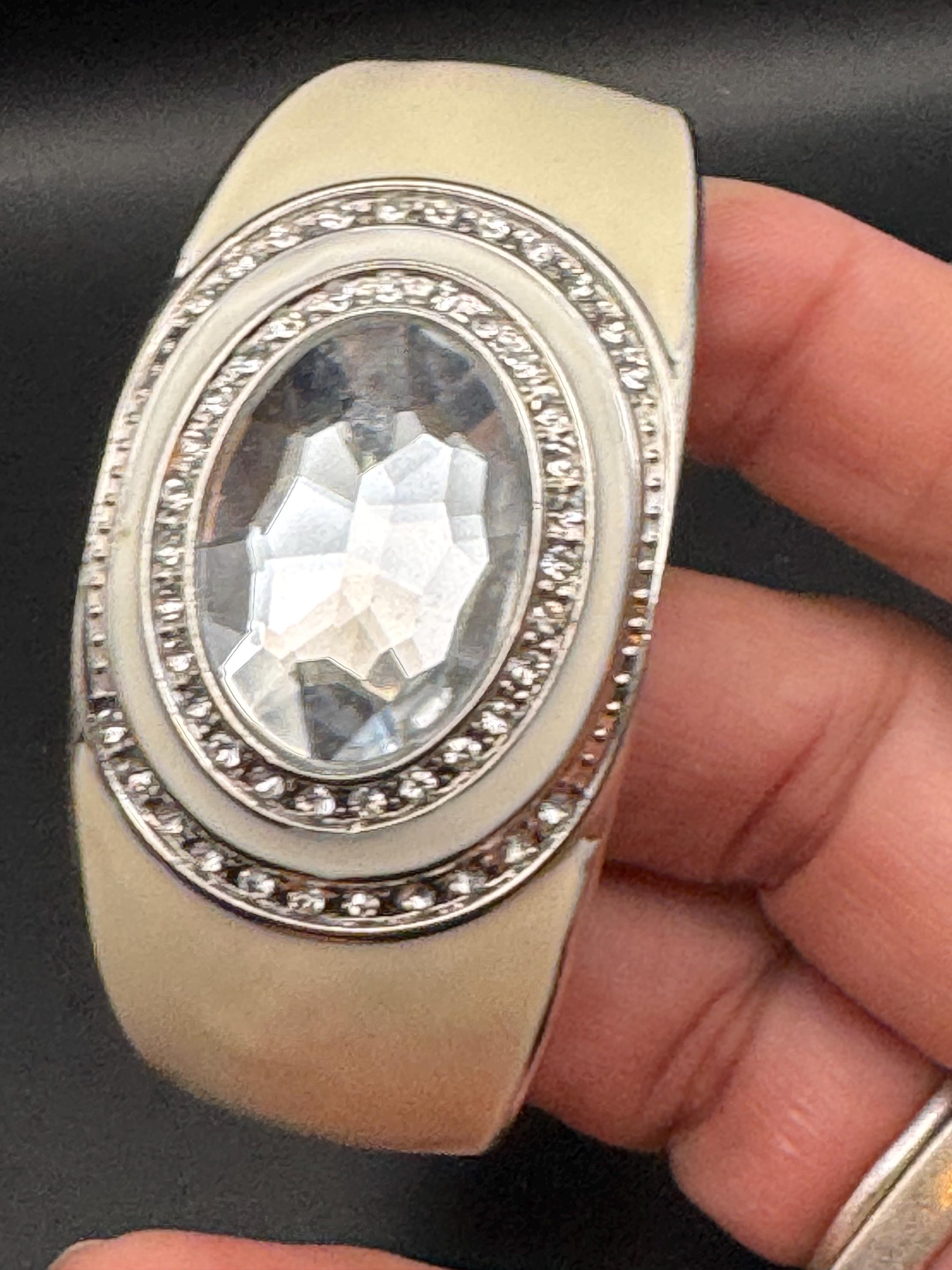 Retro clear crystal cabochon cream enamel Clamper Bangle, silver diamanté  Bracelet.