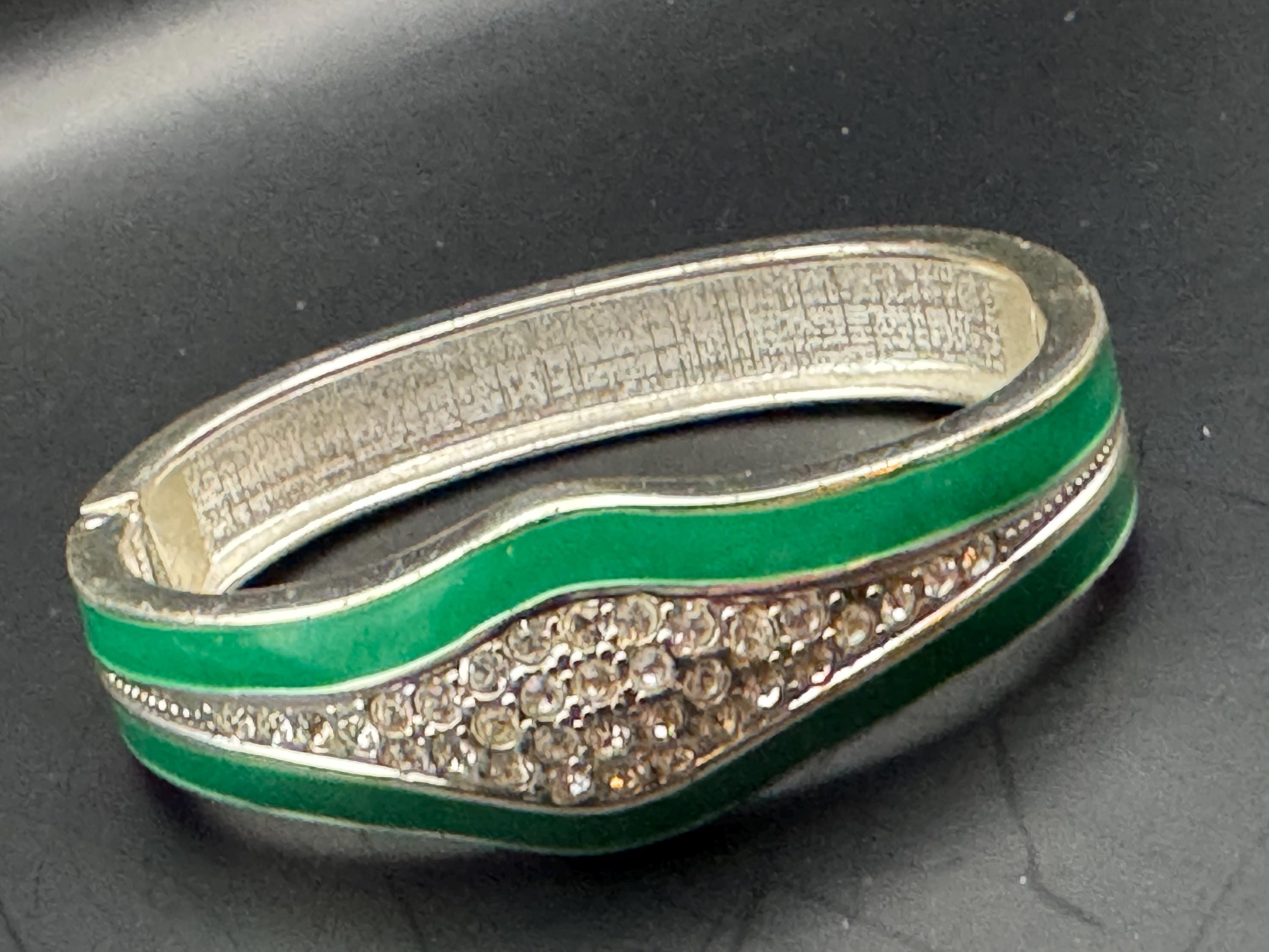 Retro diamanté green enamel Clamper Bangle, silver rhinestone  Bracelet.