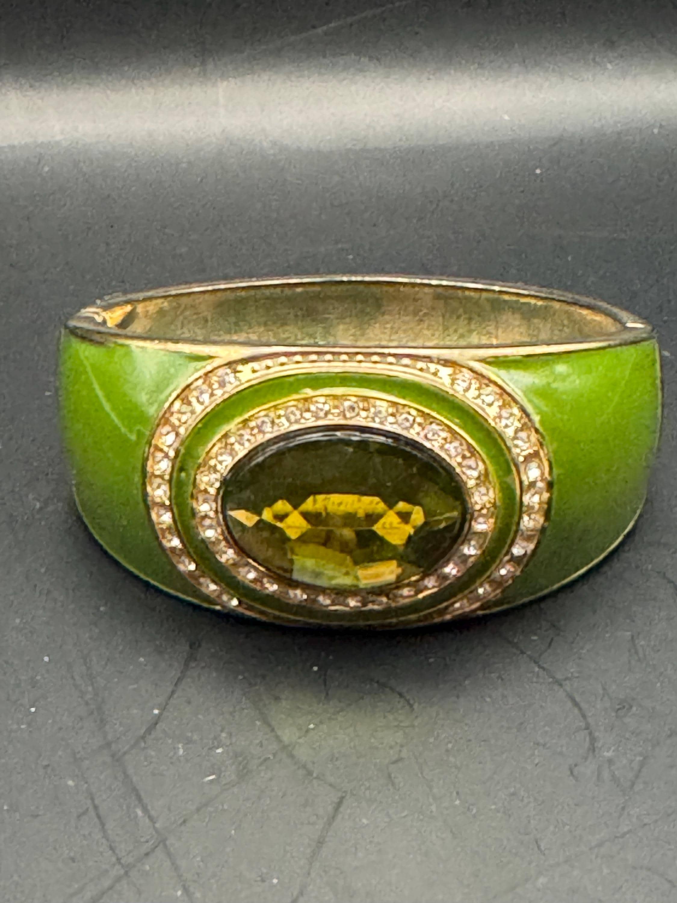 Retro olive green crystal cabochon enamel Clamper Bangle, gold diamanté  Bracelet.
