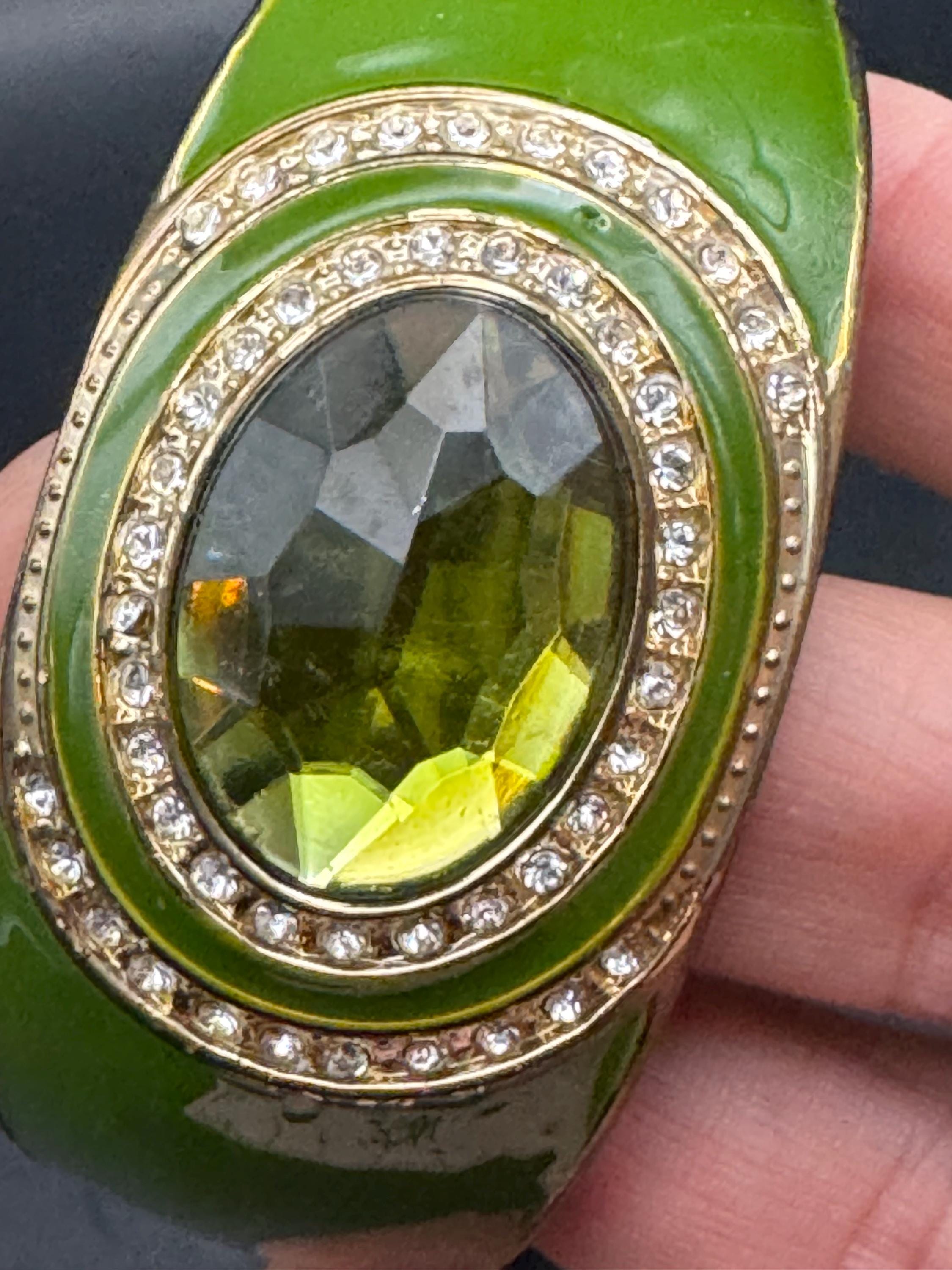 Retro olive green crystal cabochon enamel Clamper Bangle, gold diamanté  Bracelet.