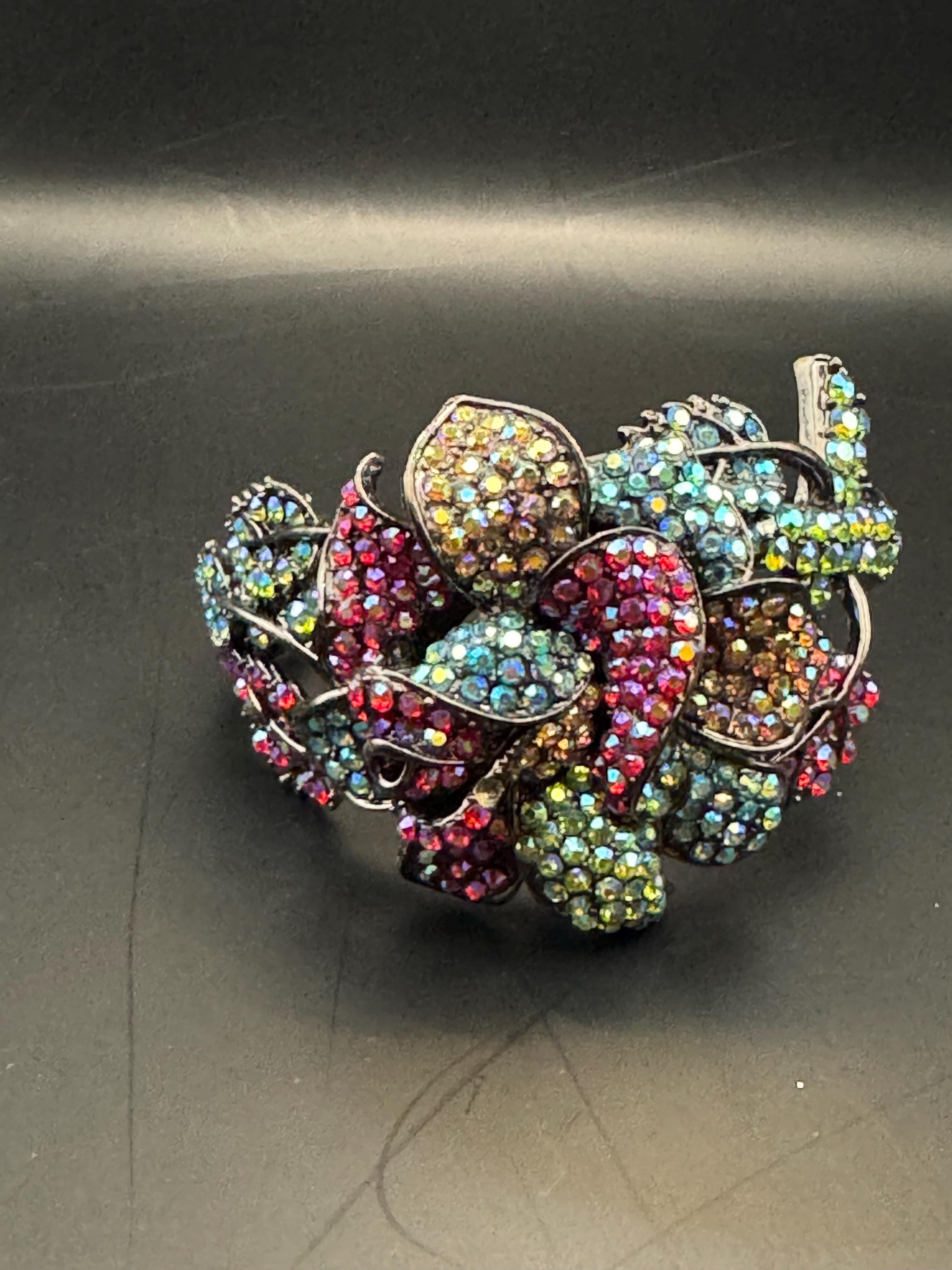 Oversized diamanté Clamper Bangle, pink blue ab crystal dark silver tone rhinestone Bracelet.