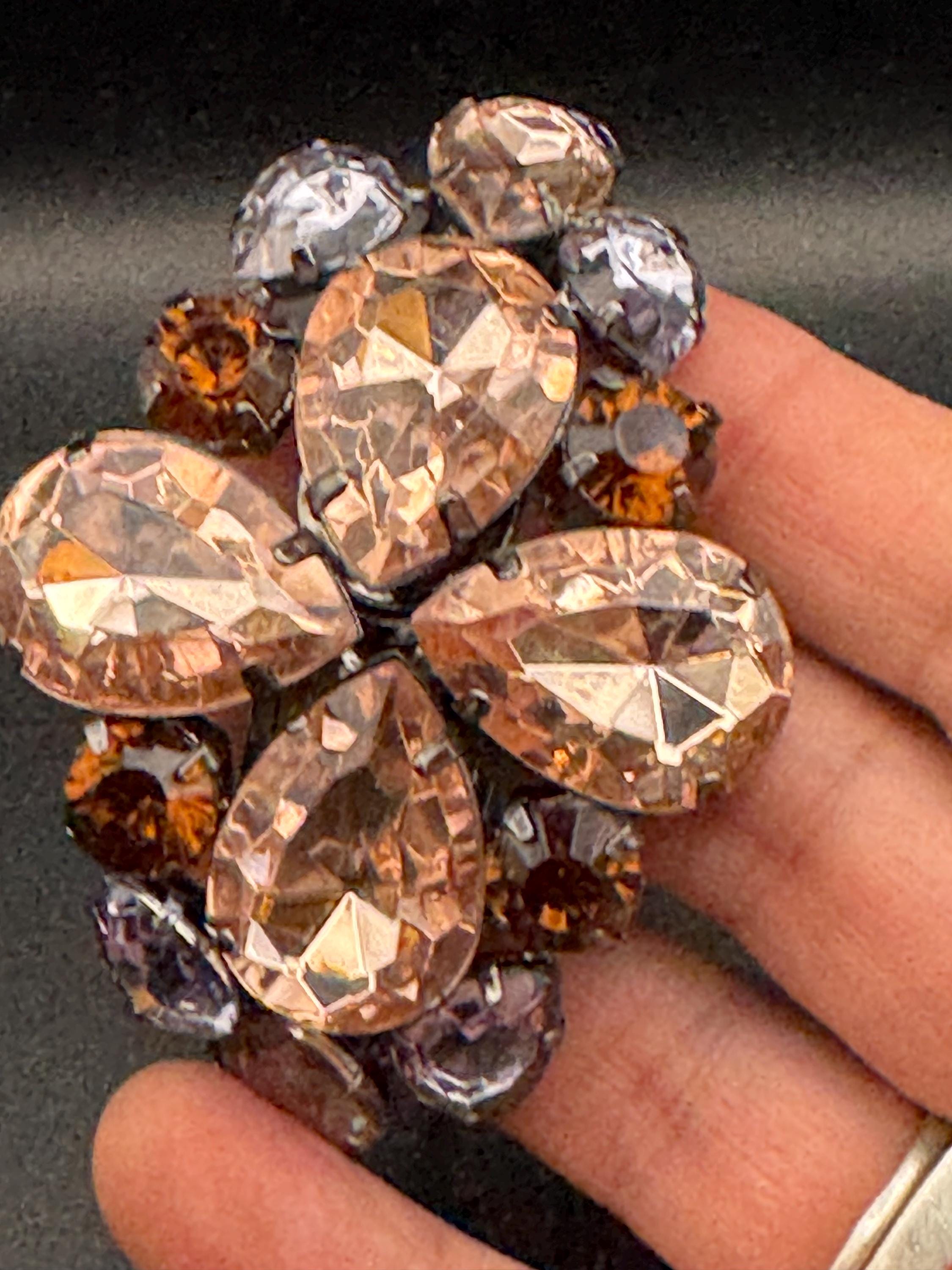 brown citrine glass rhinestone clamper bangle, Vintage crystal diamanté bracelet