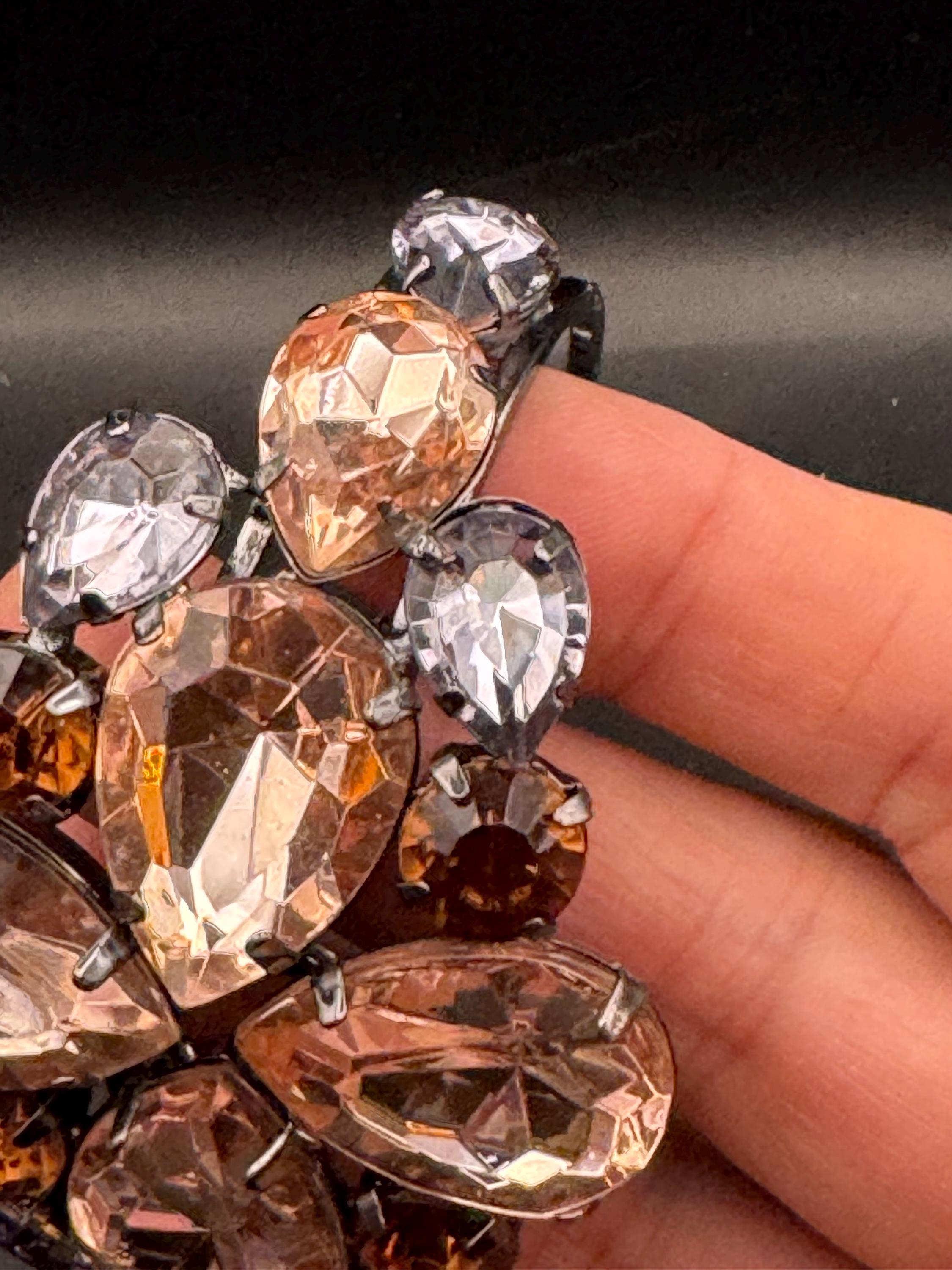 brown citrine glass rhinestone clamper bangle, Vintage crystal diamanté bracelet