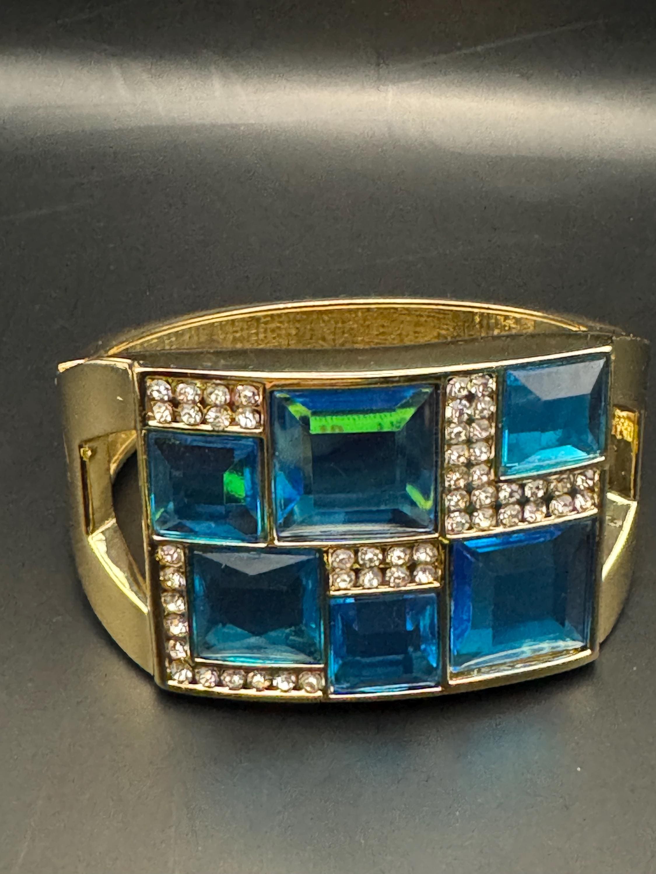 Blue Acrylic and glass rhinestone clamper bangle,  gold tone art deco geometric diamanté bracelet