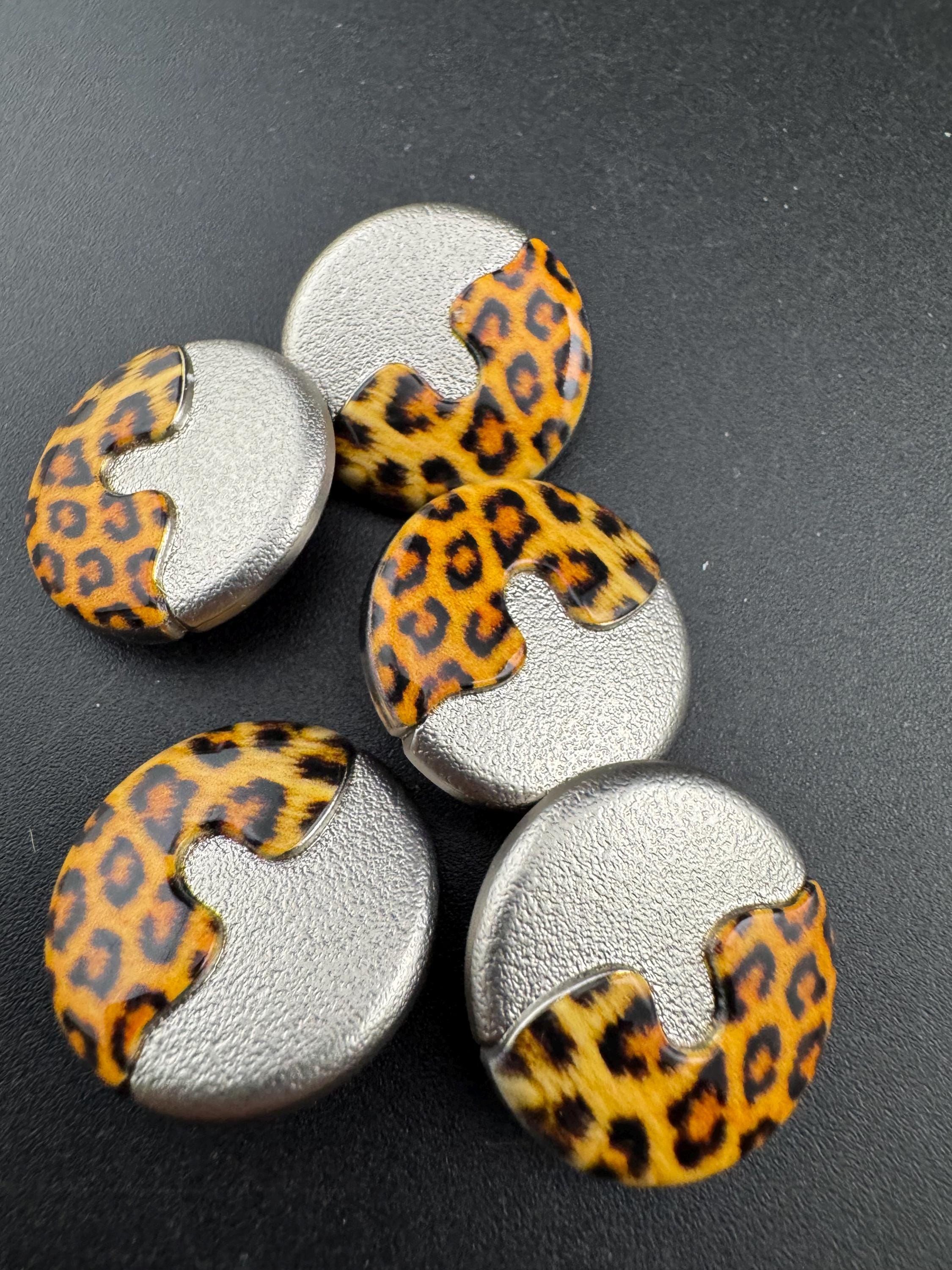 25mm leopard print buttons,  silver metal and brown acrylic ( Set of 5)