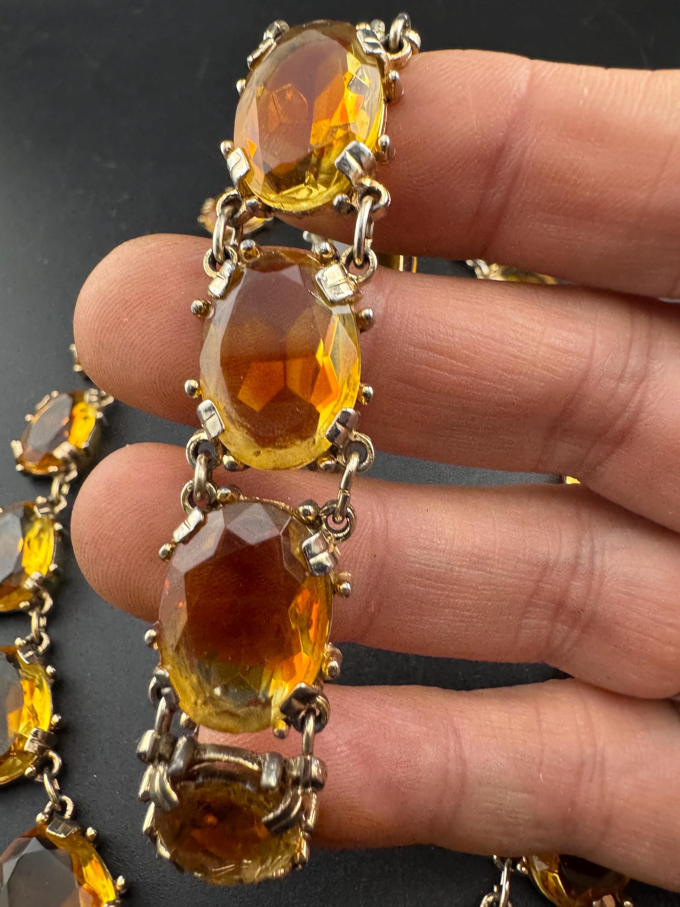 Vintage Citrine orange Glass Necklace and Bracelet Set