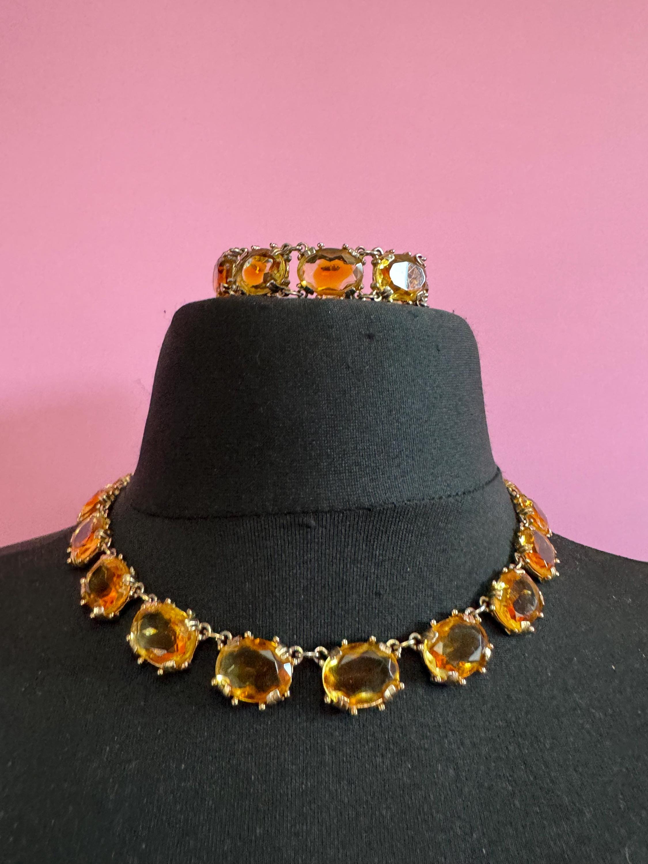 Vintage Citrine orange Glass Necklace and Bracelet Set