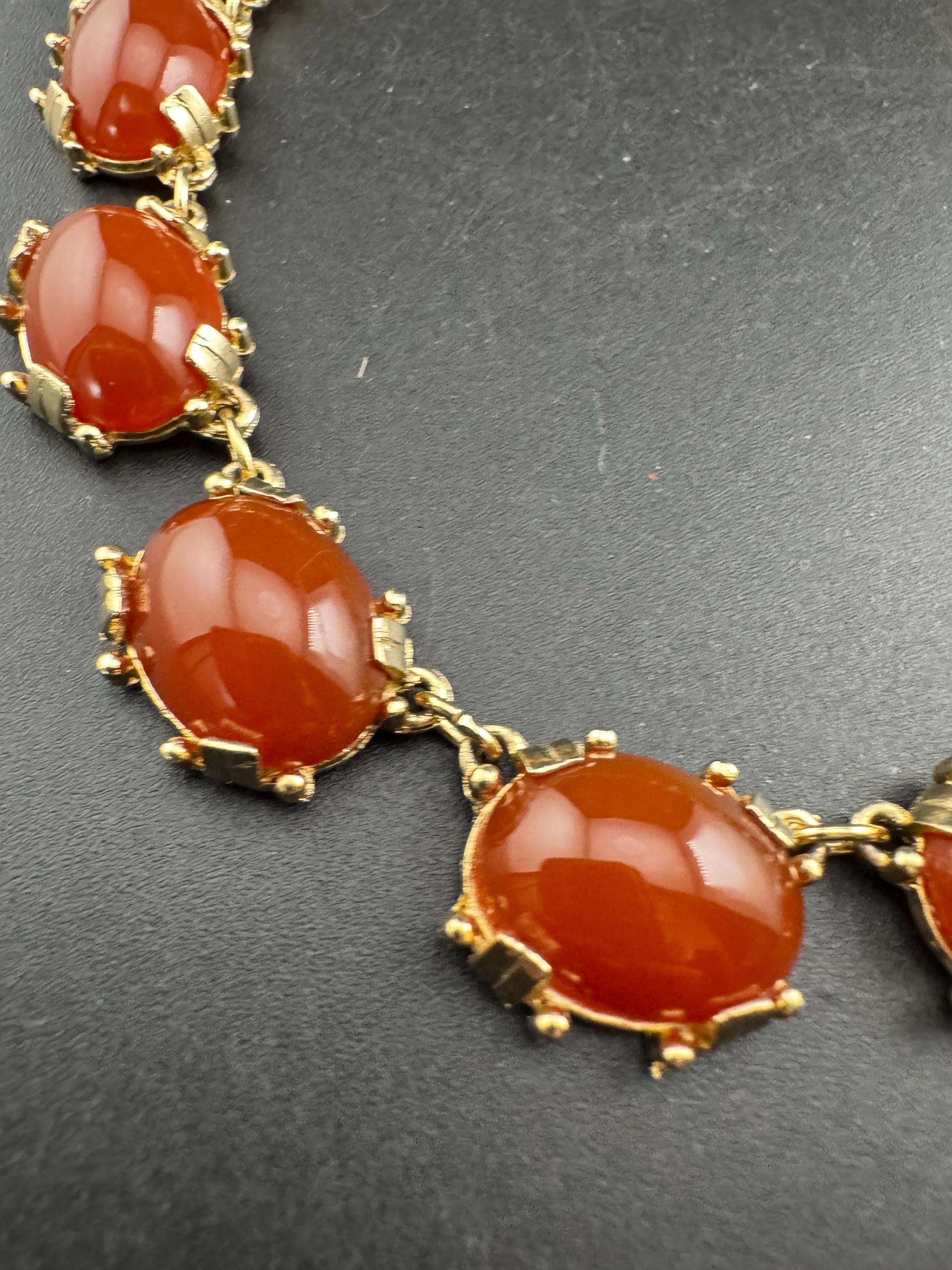 Vintage carnelian glass cabochon necklace, gold tone 1960s