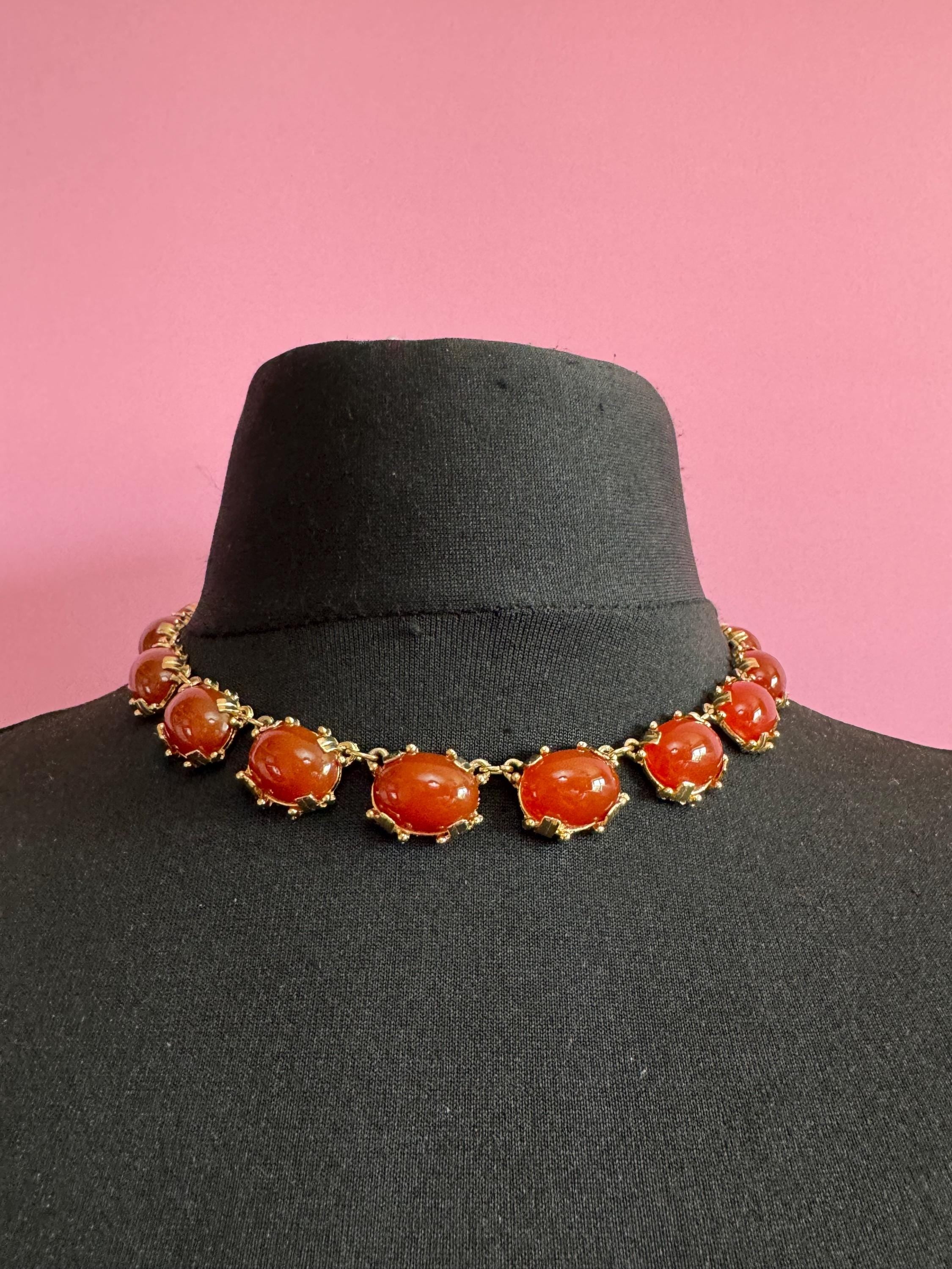 Vintage carnelian glass cabochon necklace, gold tone 1960s