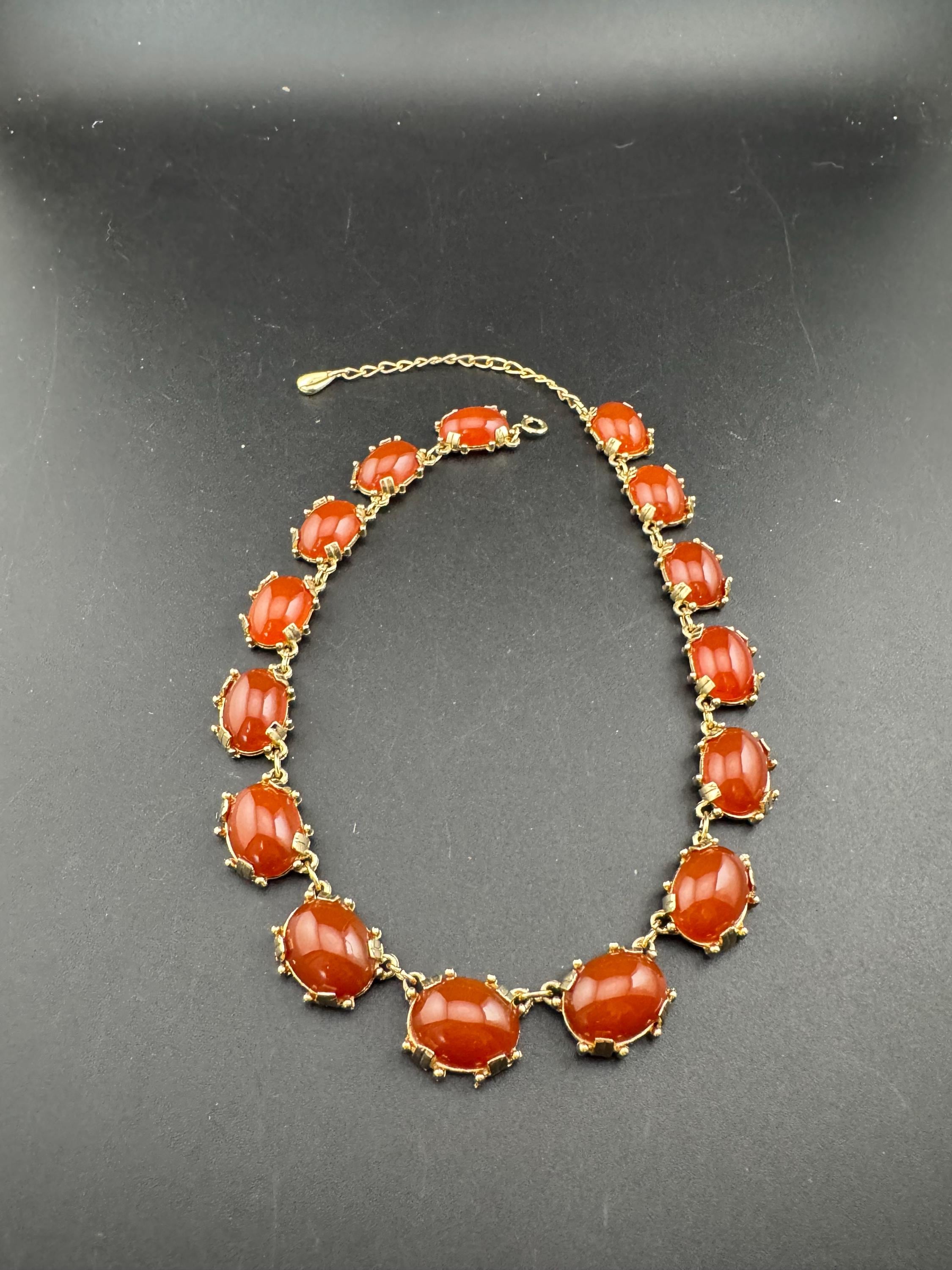 Vintage carnelian glass cabochon necklace, gold tone 1960s
