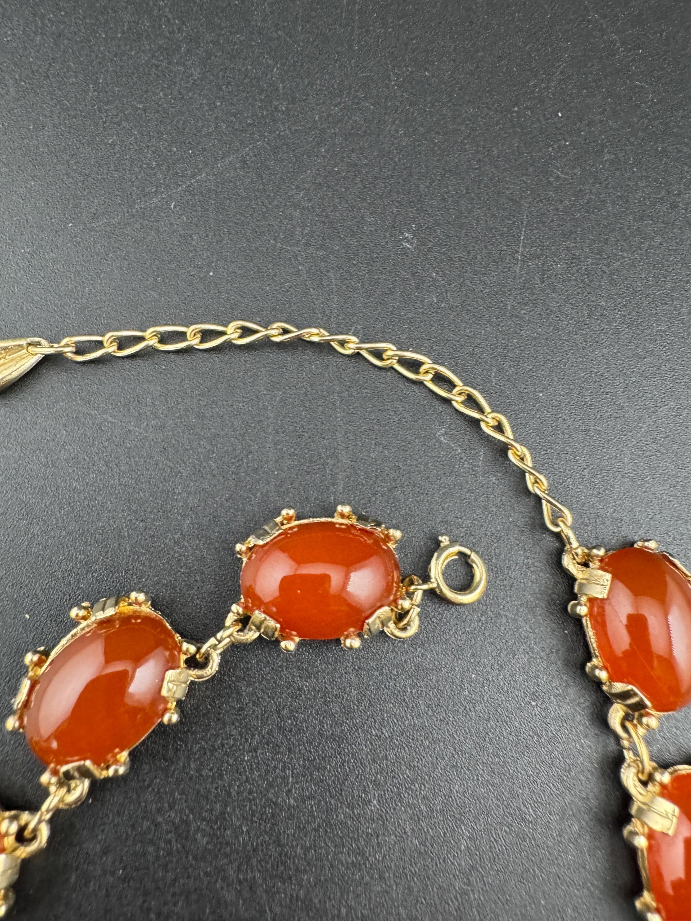 Vintage carnelian glass cabochon necklace, gold tone 1960s
