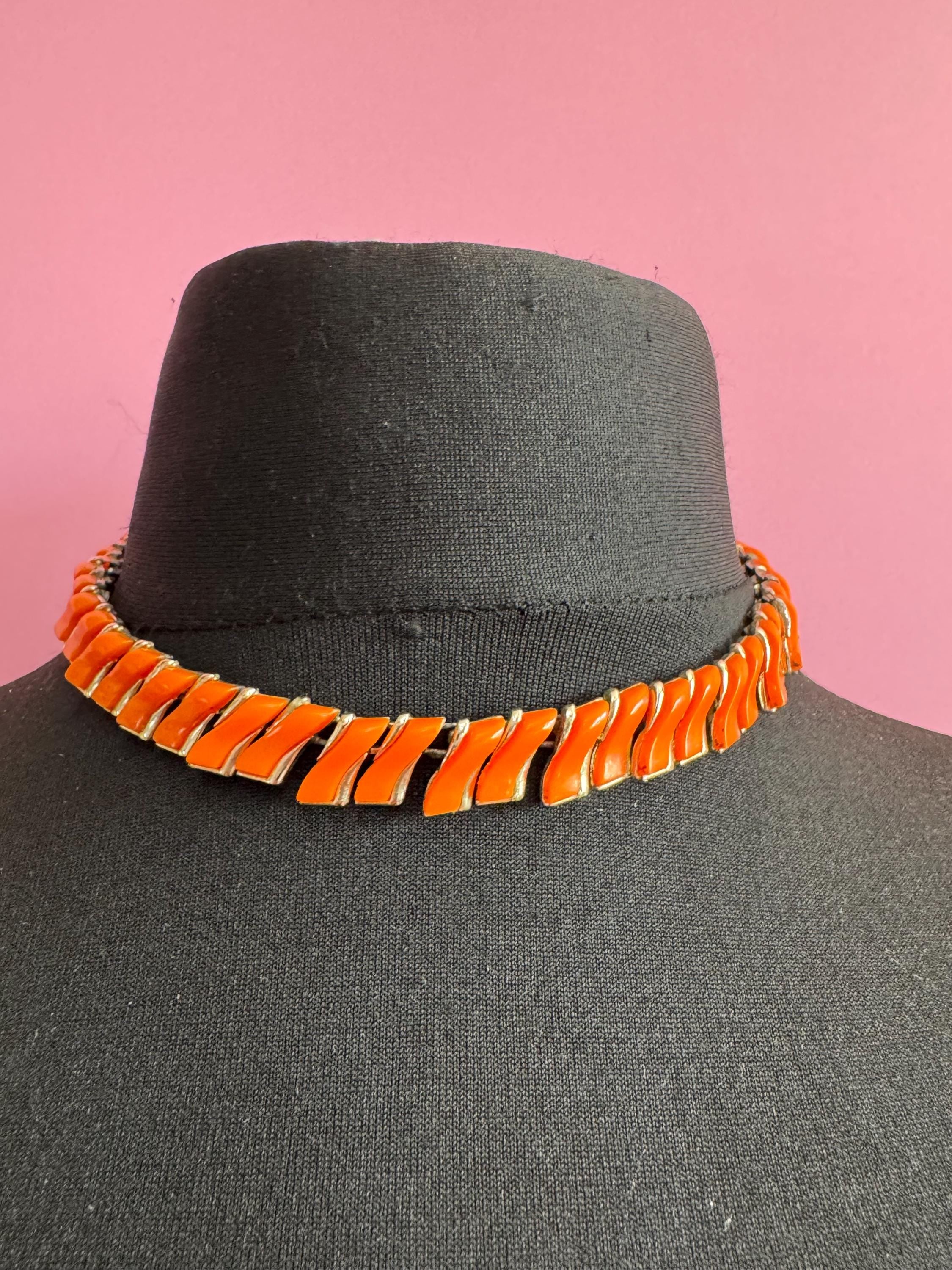 Vintage Orange panel link collar necklace, 50s thermoset plastic