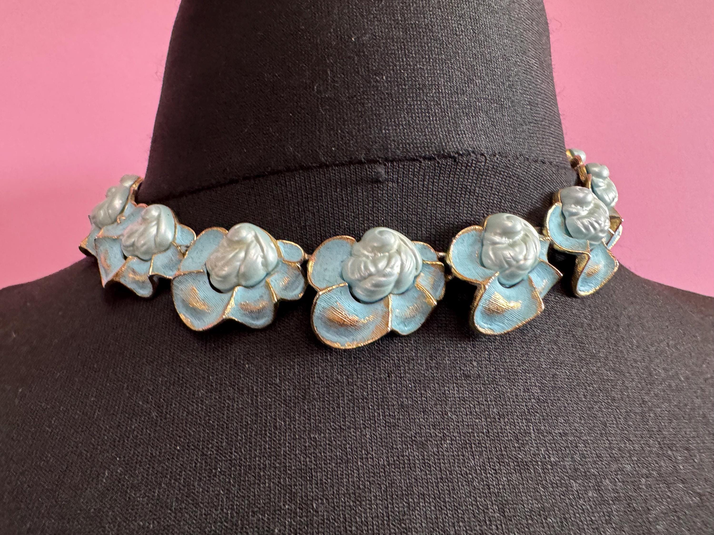 Vintage baby blue enamel panel link choker necklace 42cm, gold tone 50s