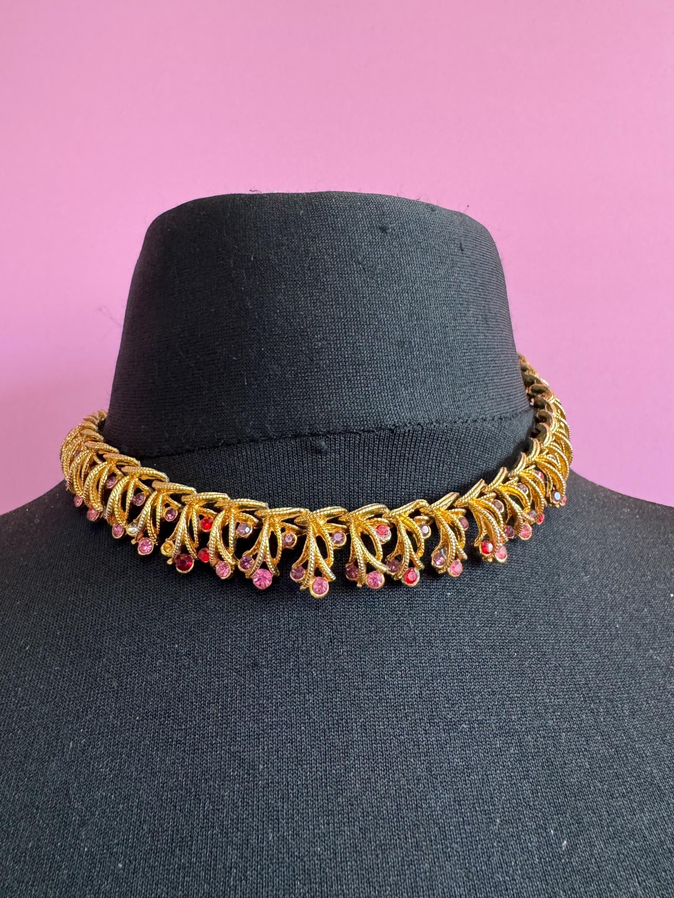 Vintage pink rhinestone collar necklace, 1960s gold tone
