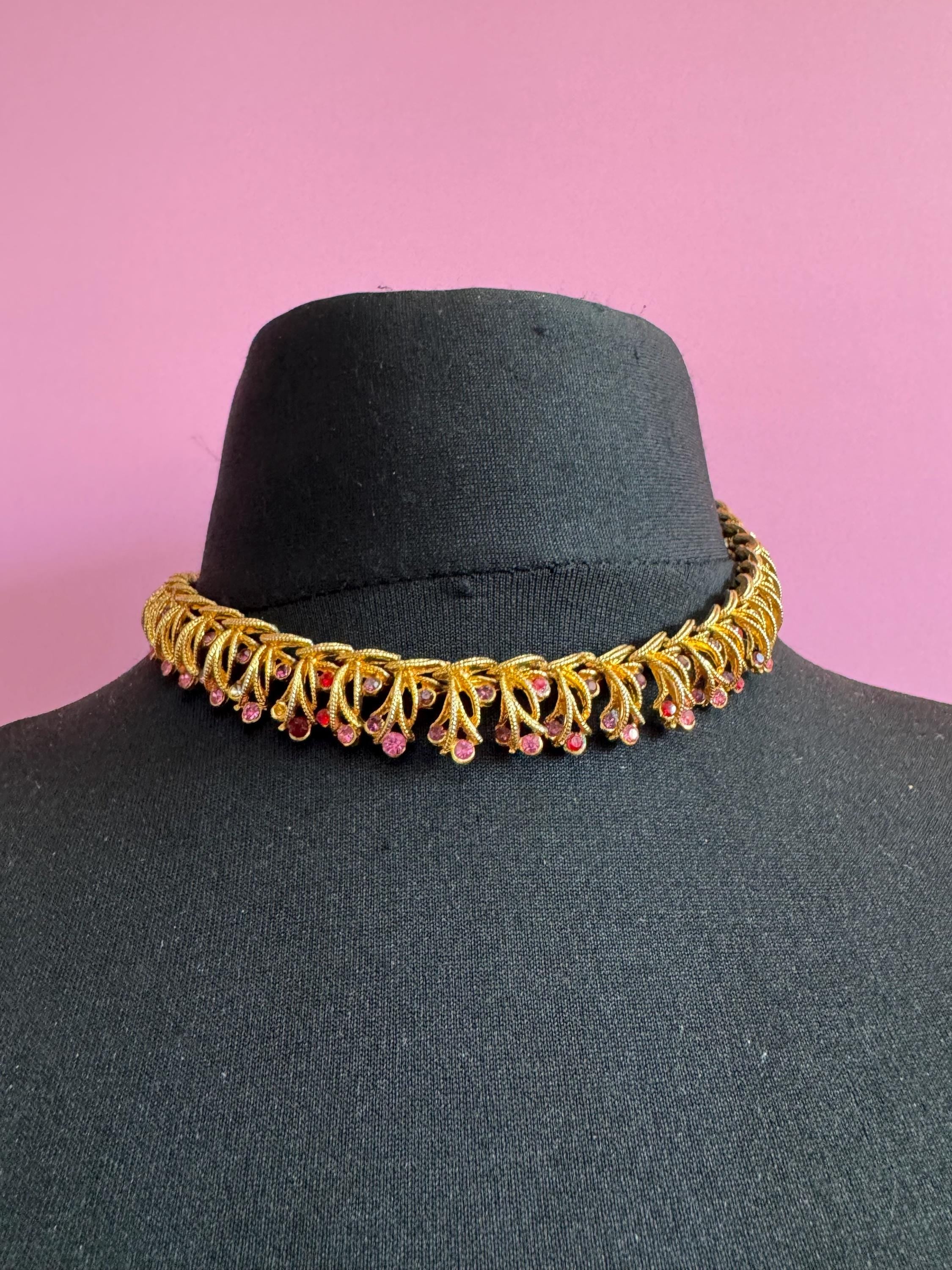 Vintage pink rhinestone collar necklace, 1960s gold tone