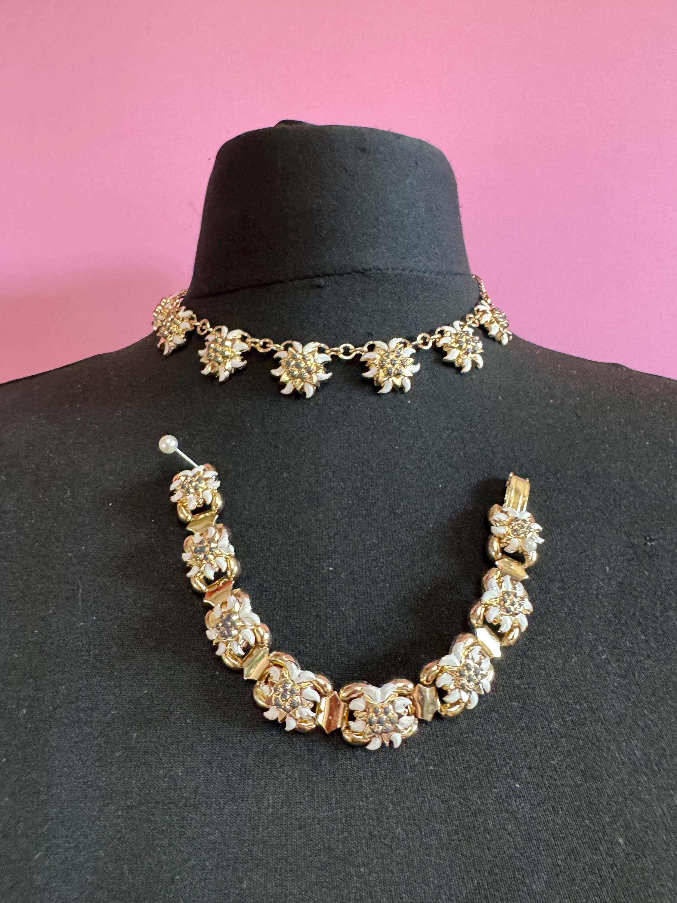 Vintage eidelweiss Eloxal necklace and bracelet set, aluminium gold tone jewellery set