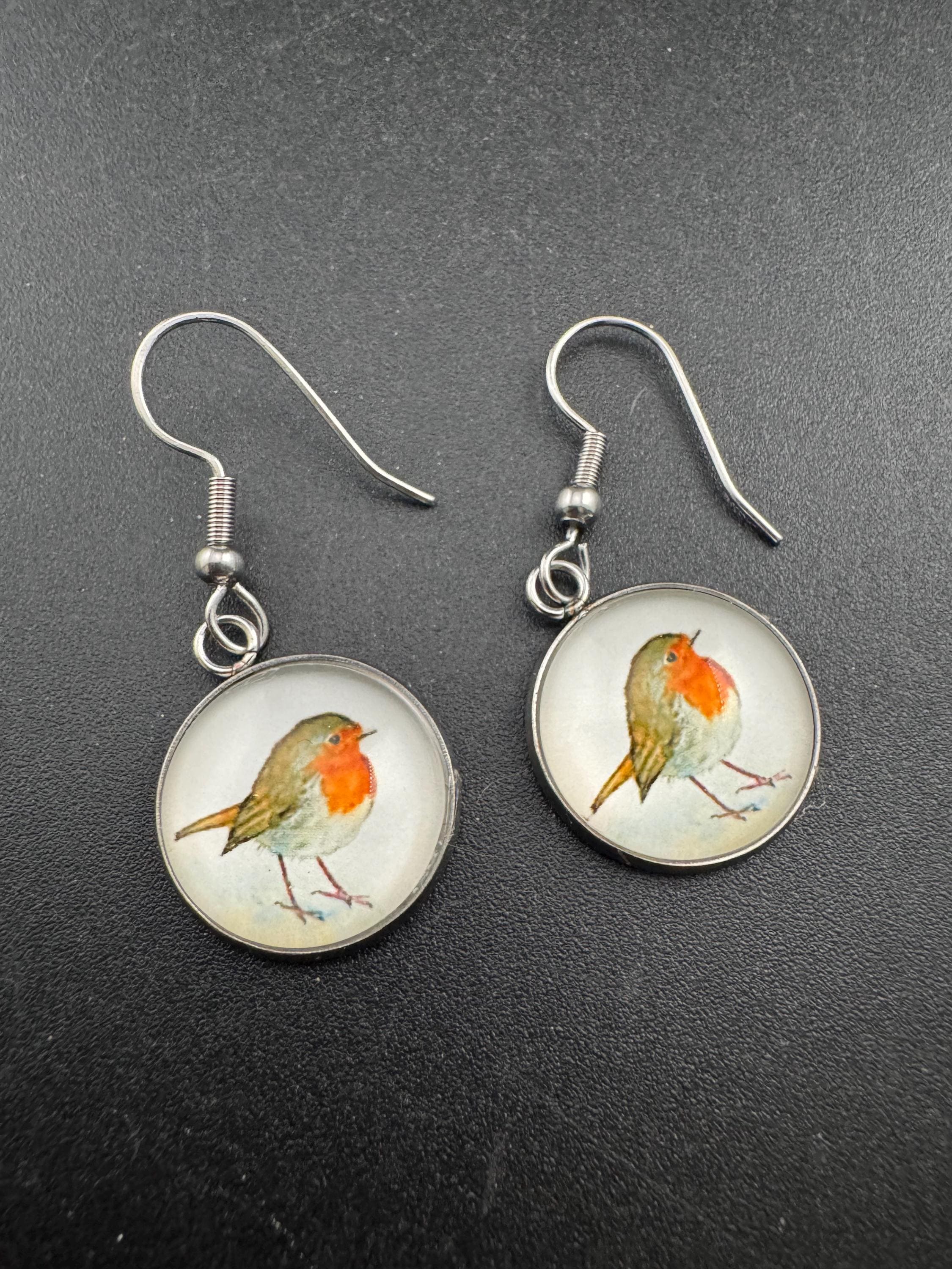 16mm glass Robin dangly earrings, stainless steel silver tone