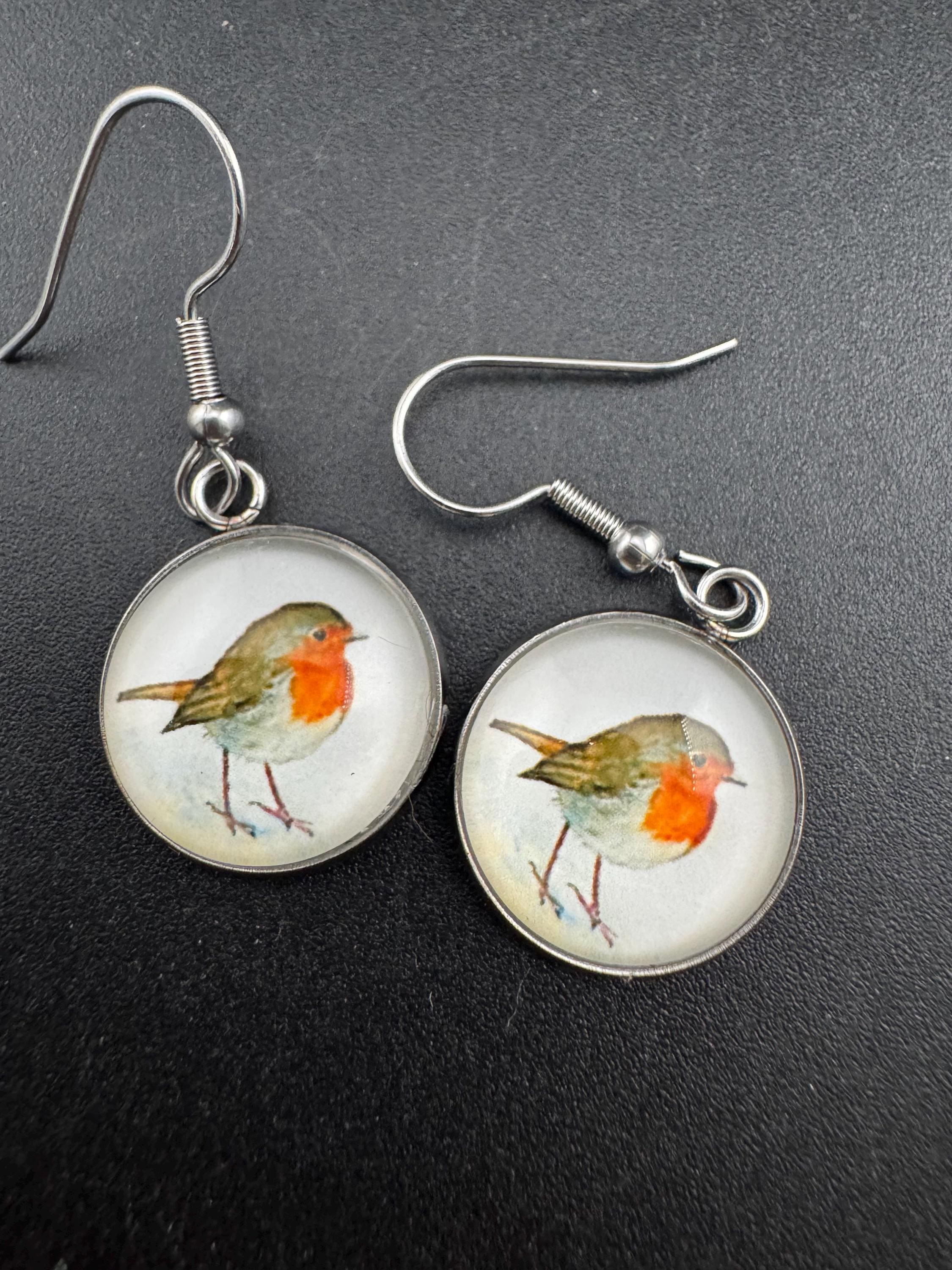 16mm glass Robin dangly earrings, stainless steel silver tone