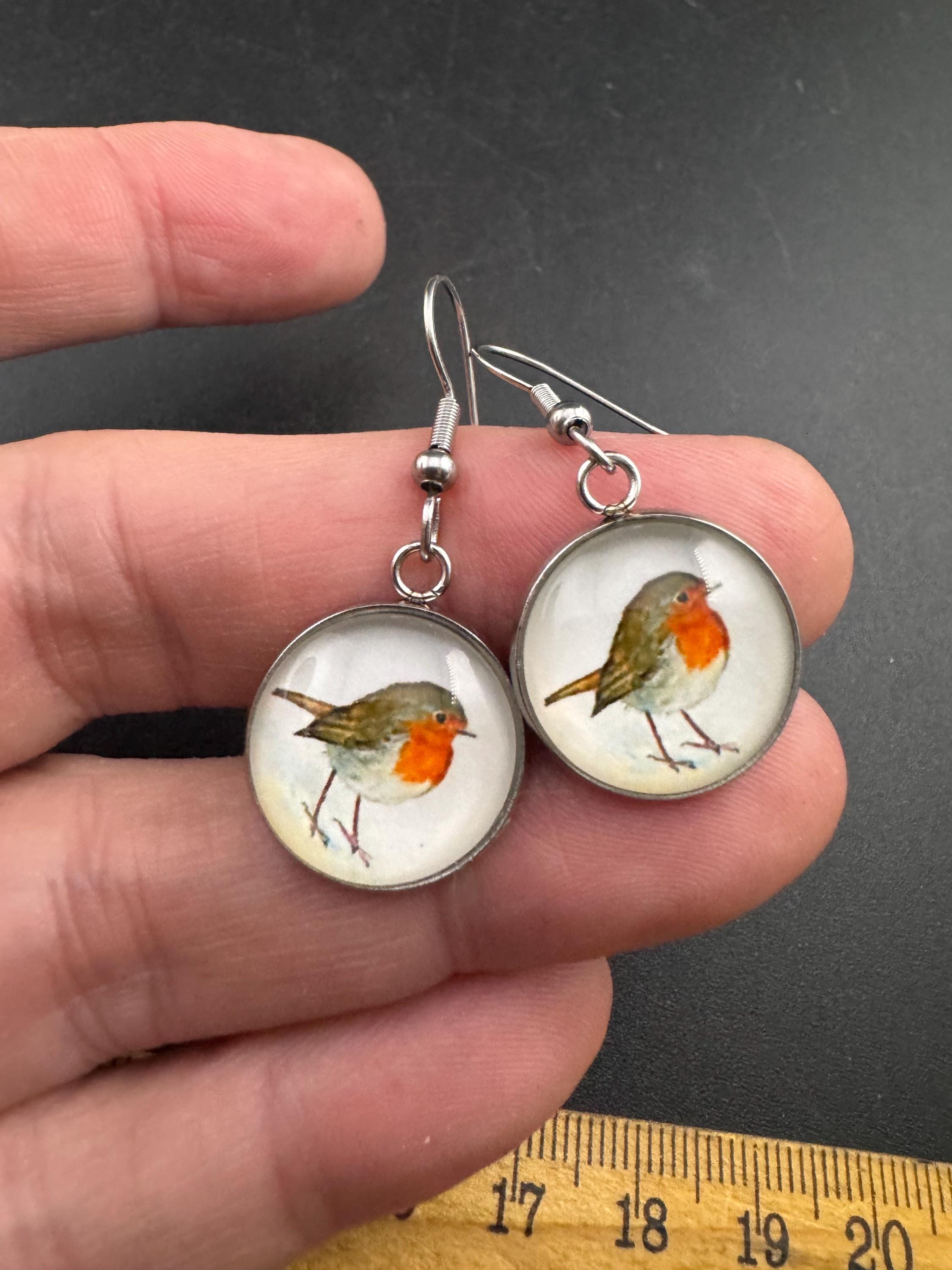 16mm glass Robin dangly earrings, stainless steel silver tone
