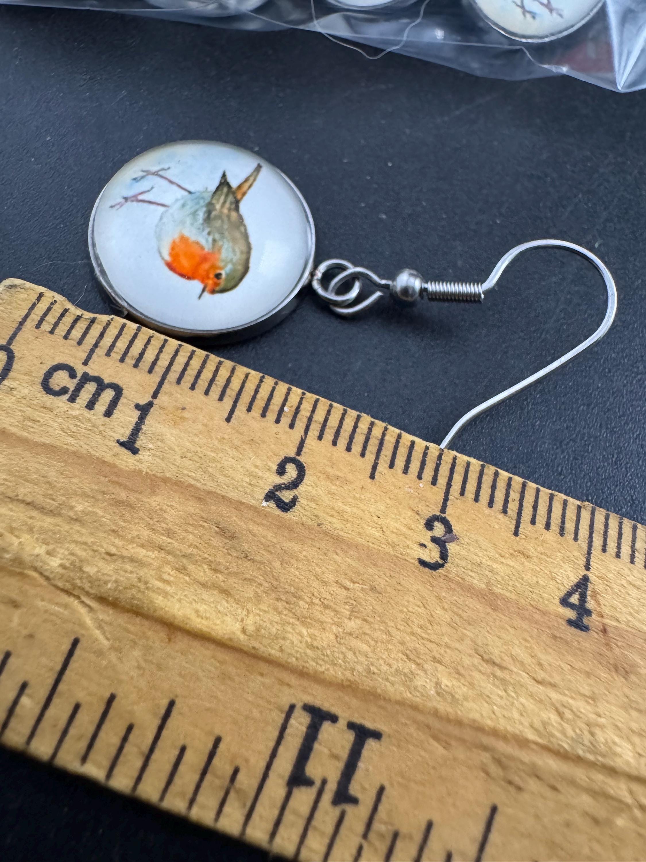 16mm glass Robin dangly earrings, stainless steel silver tone