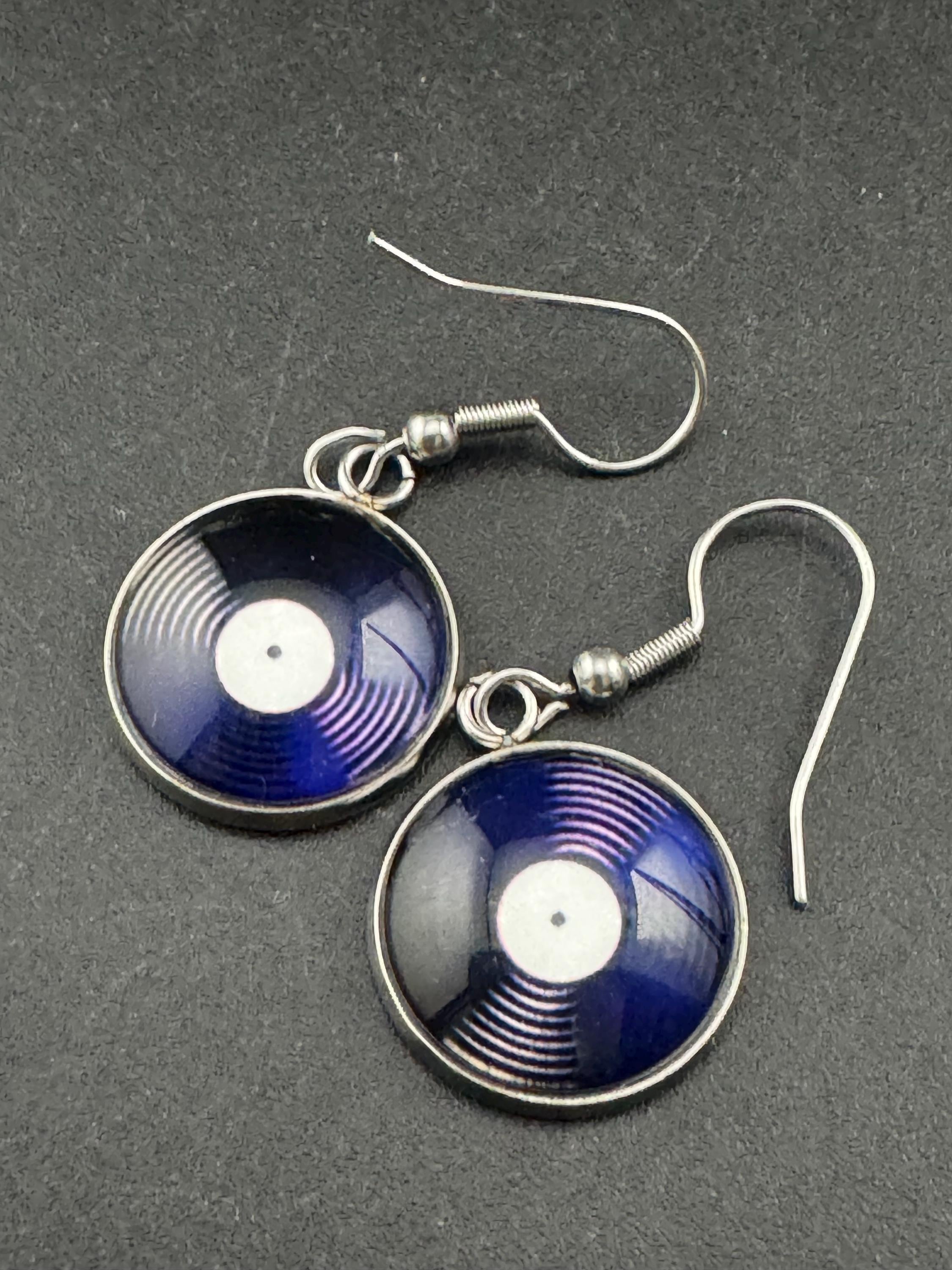 16mm retro Vinyl record drop earrings ,Black white stainless steel