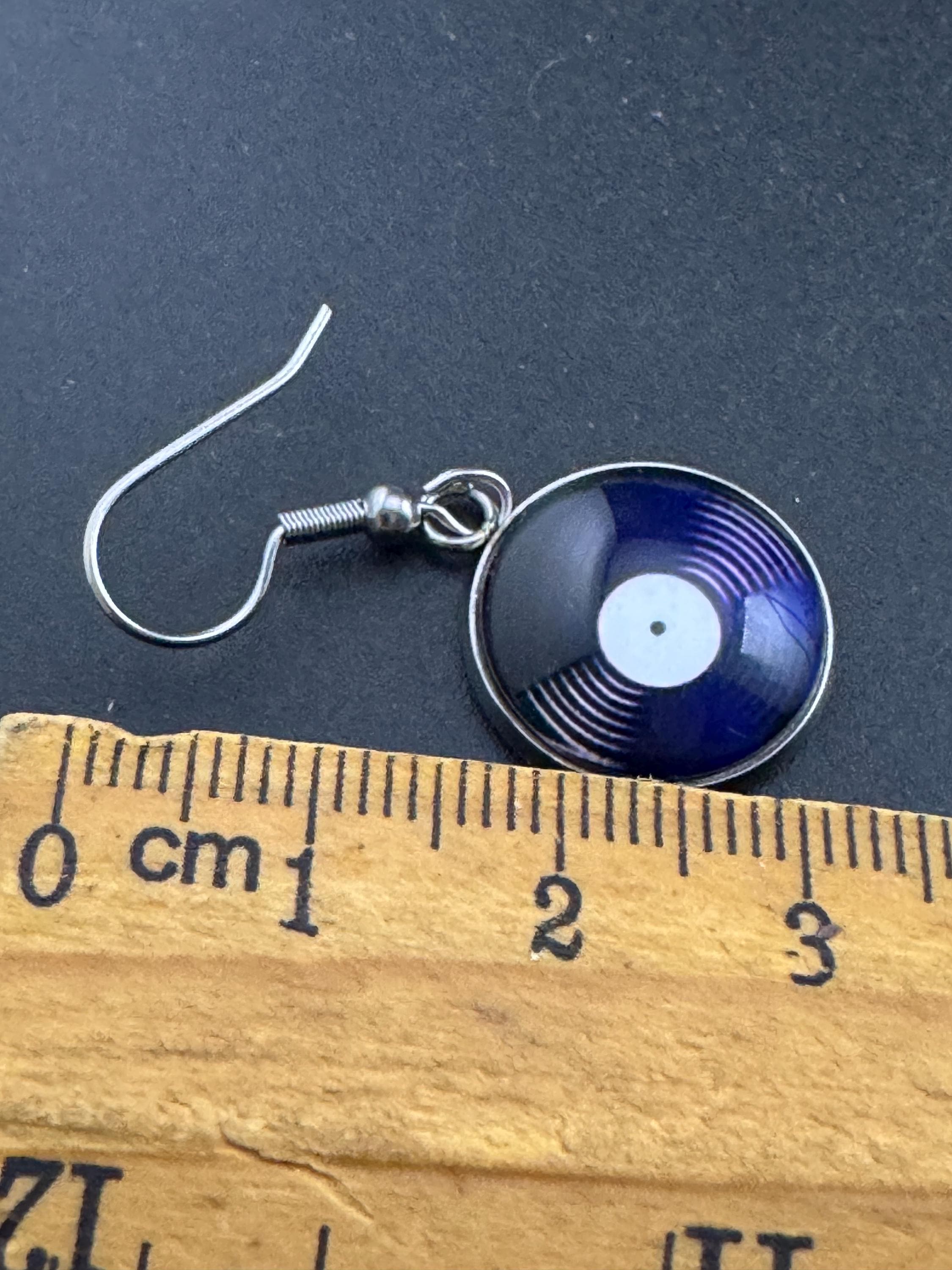 16mm retro Vinyl record drop earrings ,Black white stainless steel