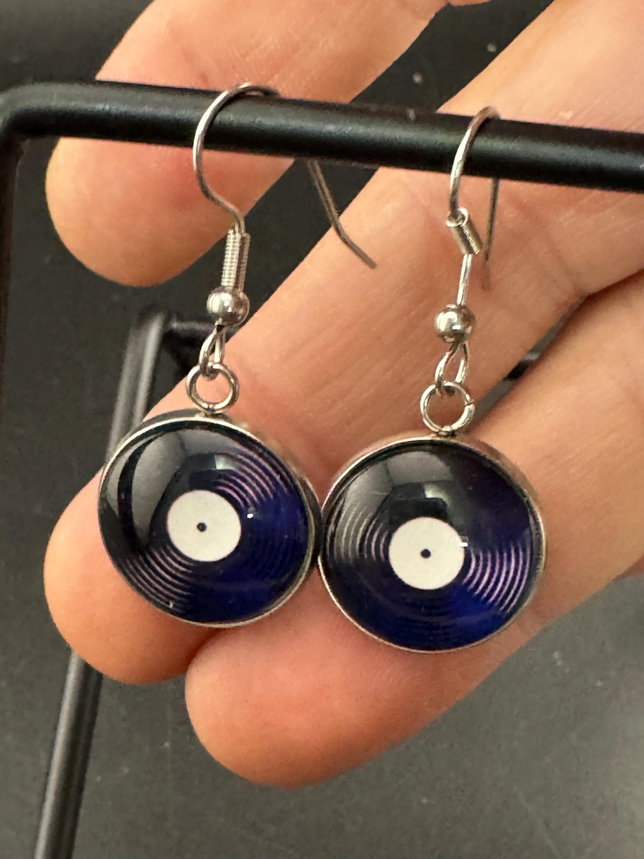 16mm retro Vinyl record drop earrings ,Black white stainless steel