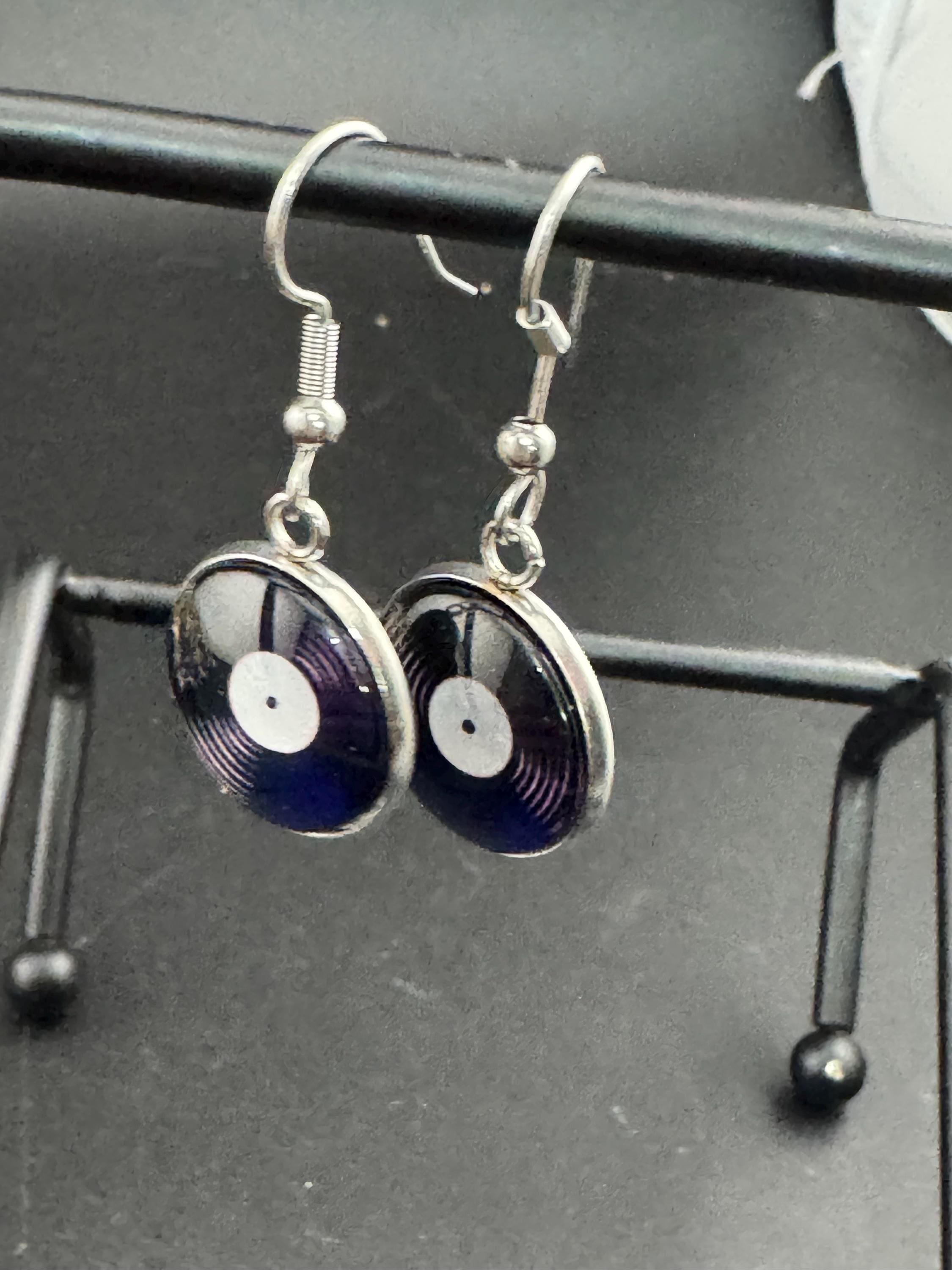 16mm retro Vinyl record drop earrings ,Black white stainless steel