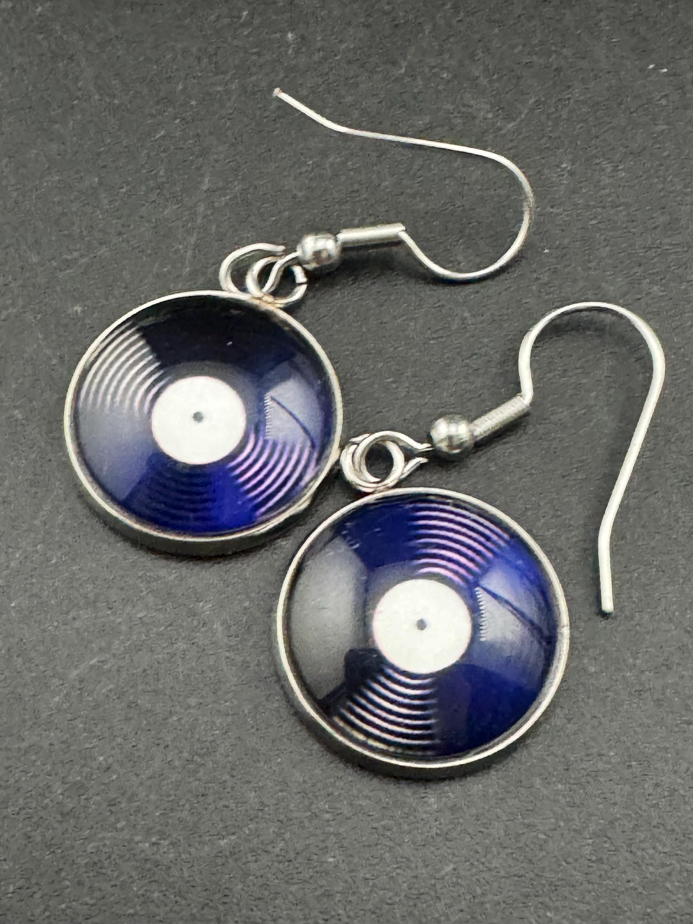 16mm retro Vinyl record drop earrings ,Black white stainless steel