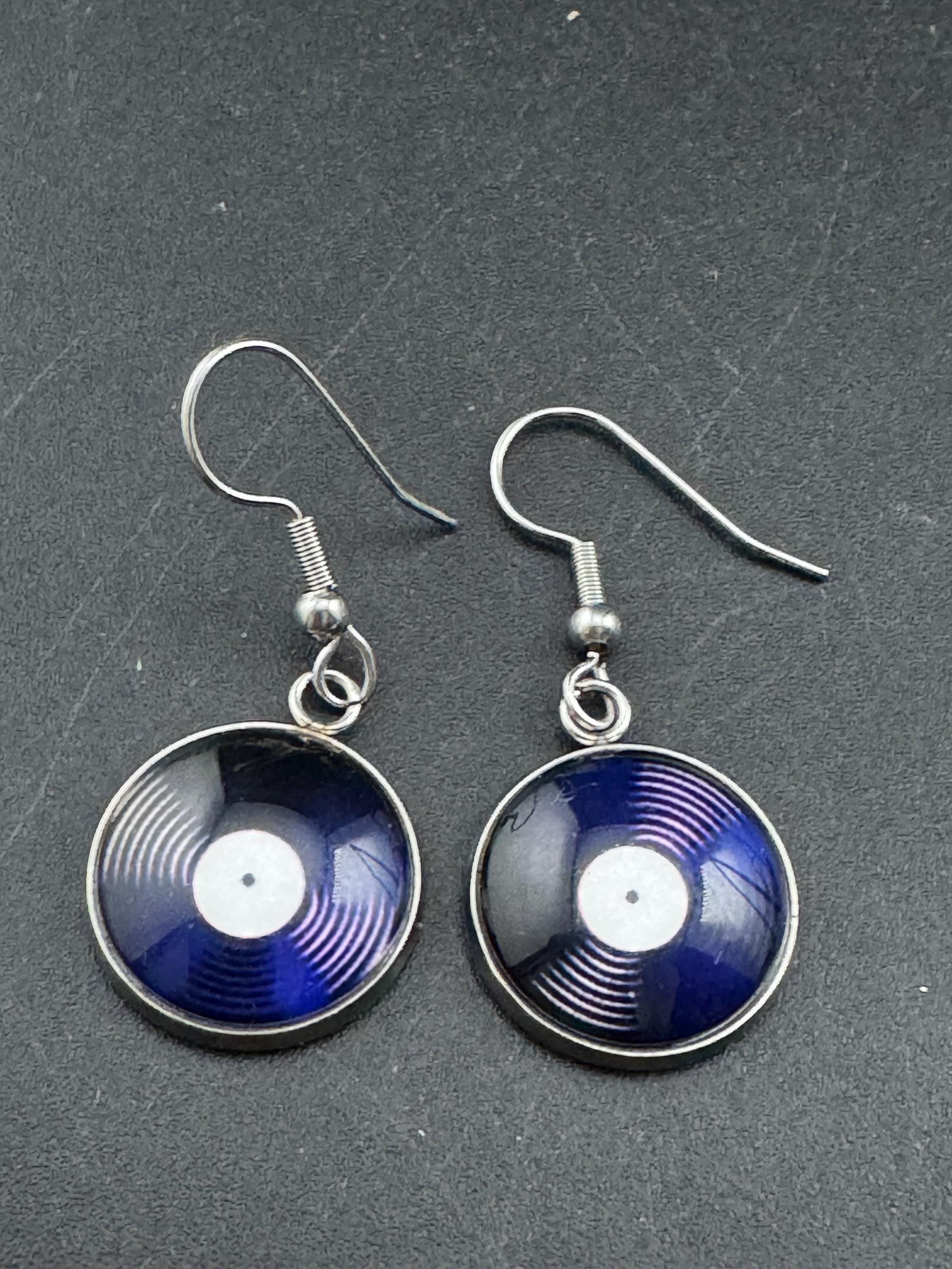 16mm retro Vinyl record drop earrings ,Black white stainless steel