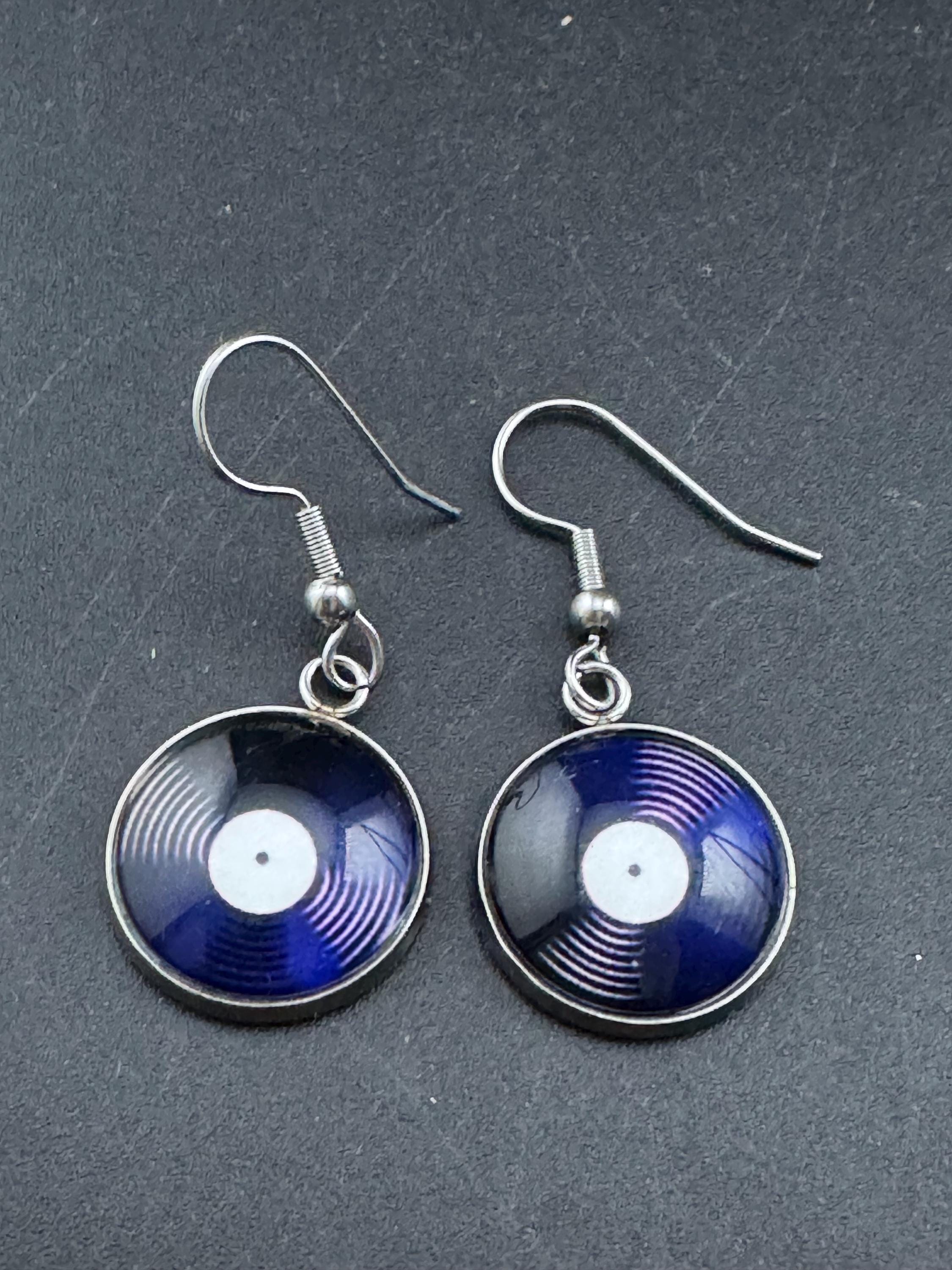 16mm retro Vinyl record drop earrings ,Black white stainless steel