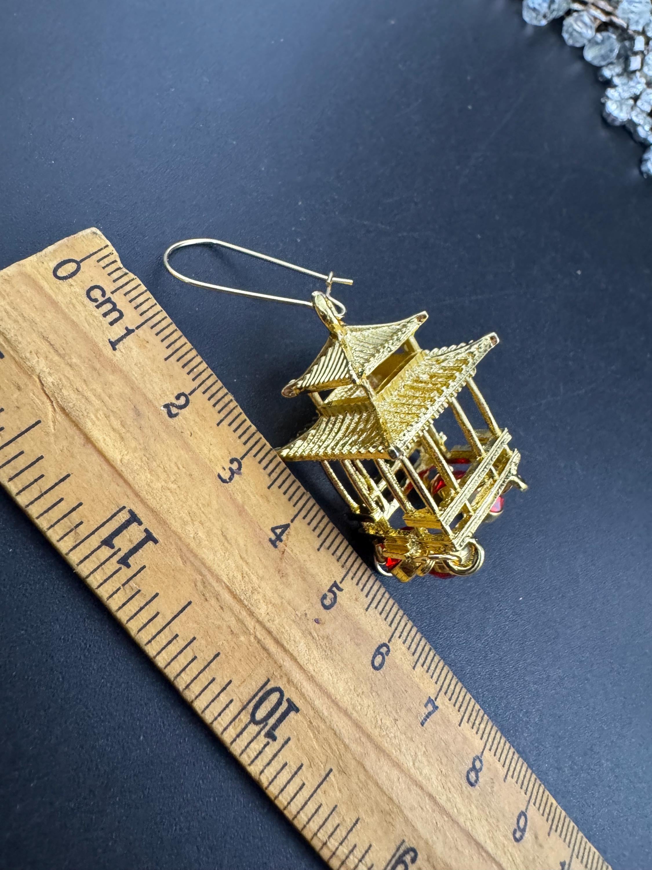 Chinese golden pagoda lantern ruby drop earrings, red rhinestones, oversized