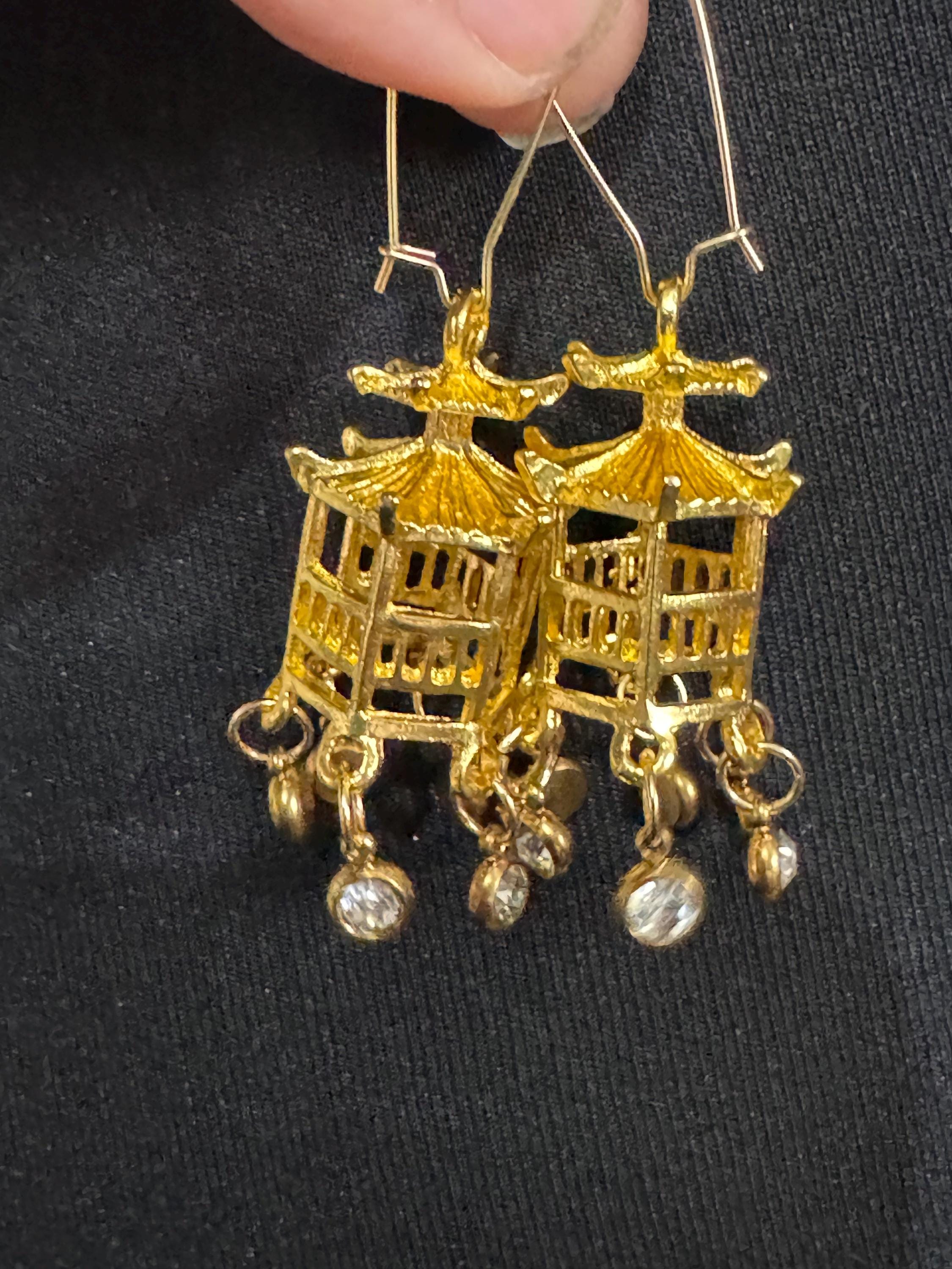 Japanese golden pagoda lantern crystal drop earrings, clear rhinestones