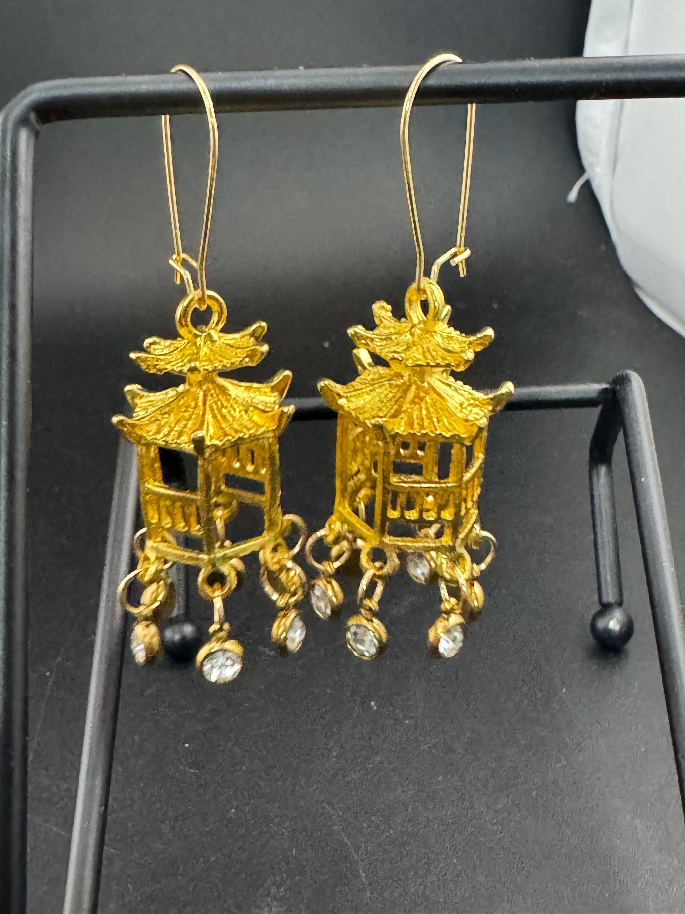 Japanese golden pagoda lantern crystal drop earrings, clear rhinestones