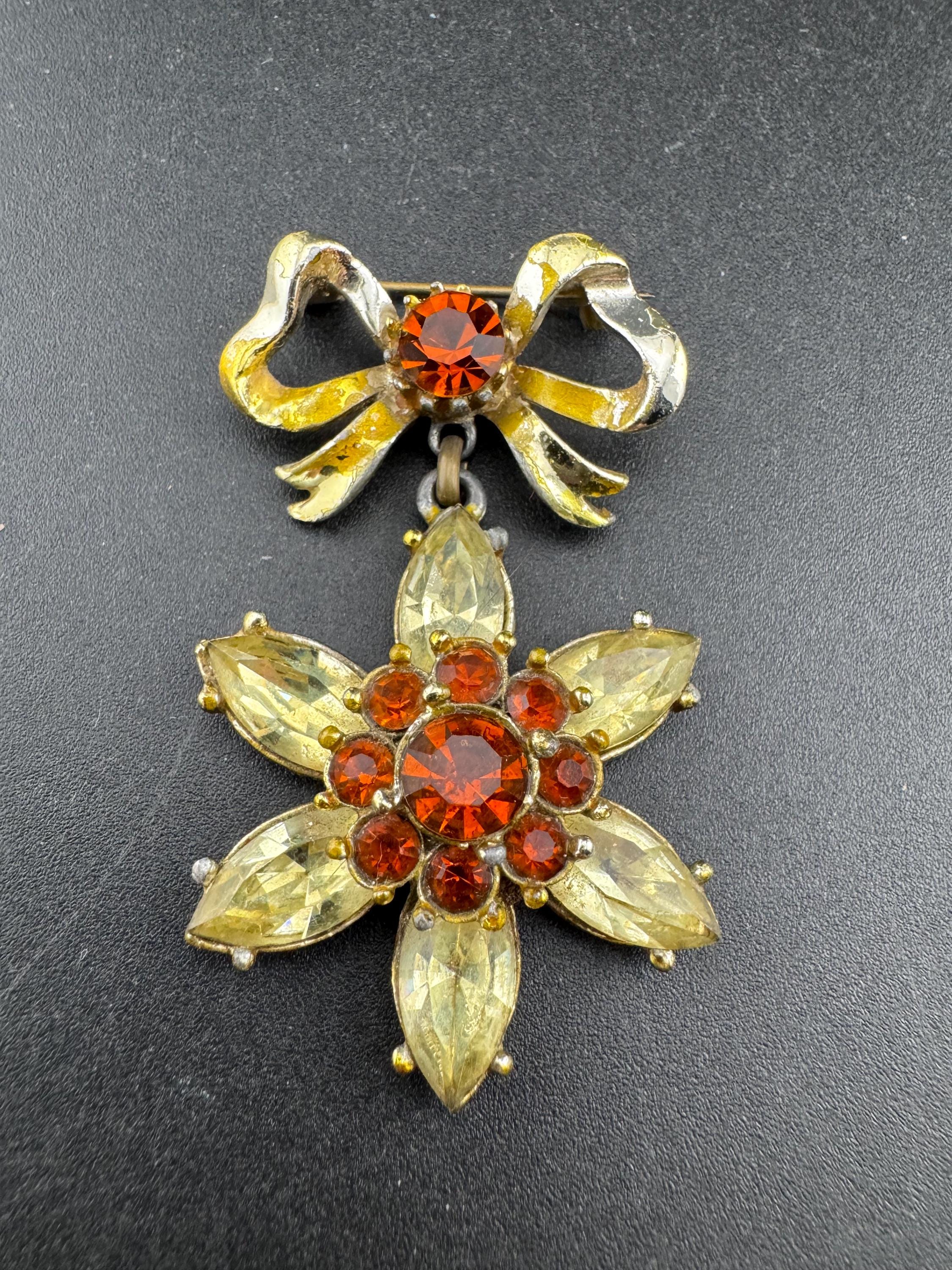vintage gold brown cognac glass pendant drop star brooch