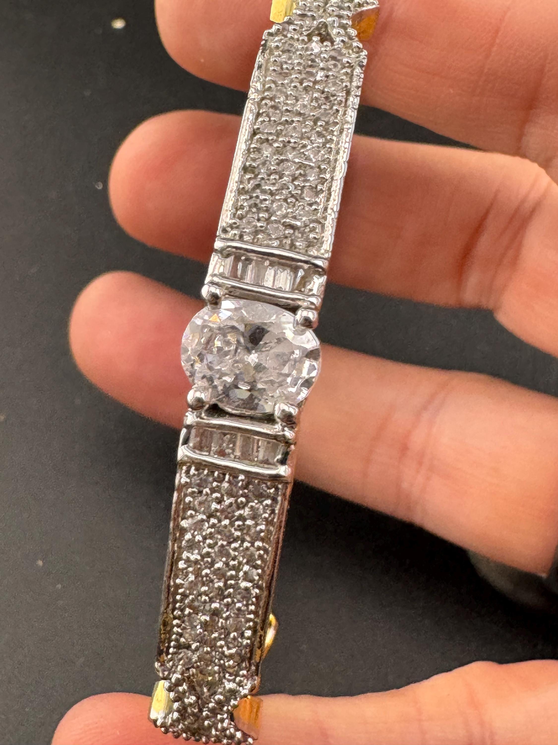 Vintage clear diamanté hinged pave set crystal bangle, gold plated