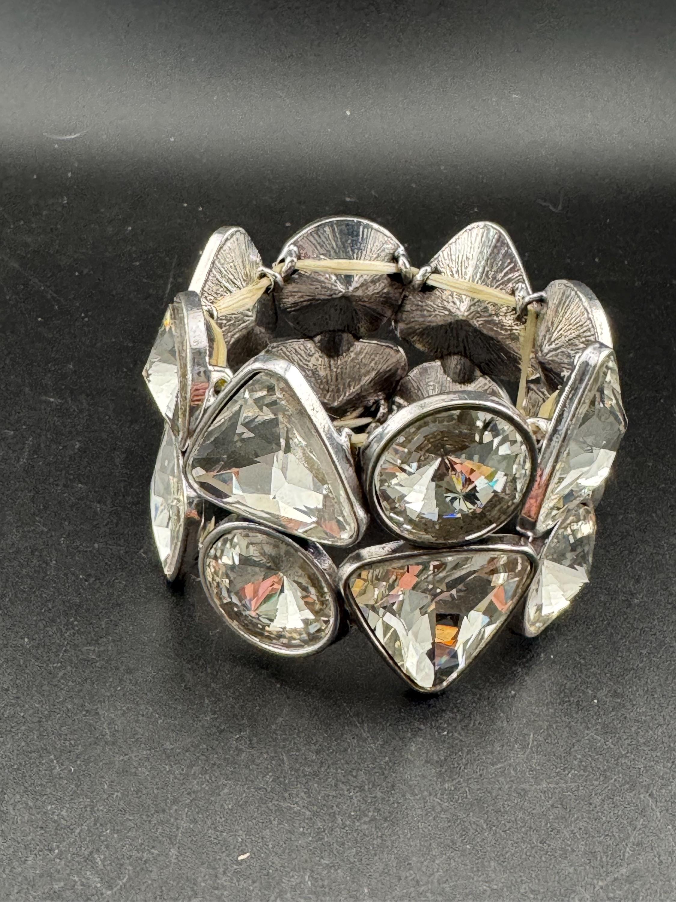 Retro wide silver tone Rivoli crystal stretch Bangle, diamanté Bracelet