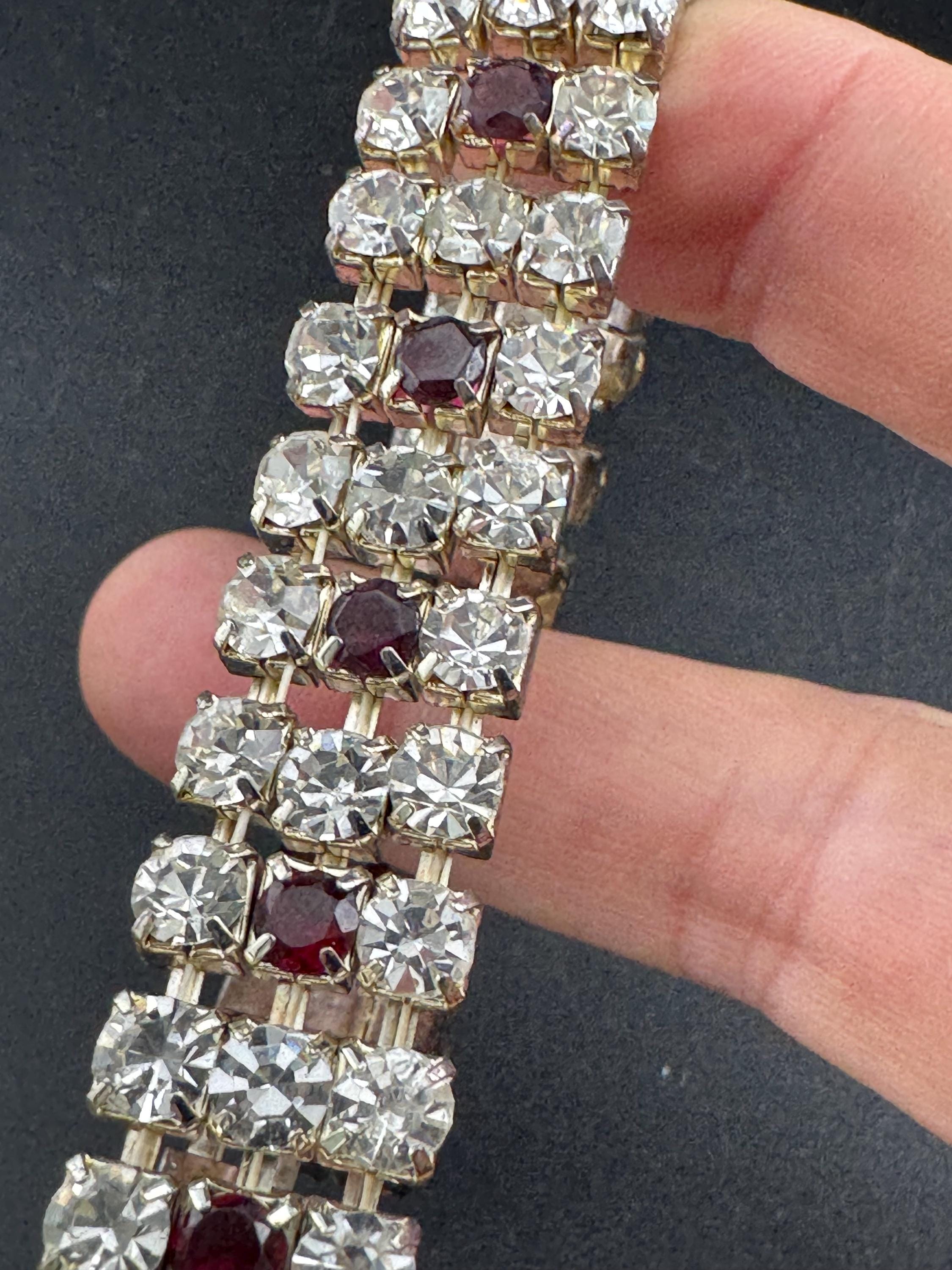 Vintage silver tone ruby garnet rhinestone set cocktail Bracelet, stretch elasticated