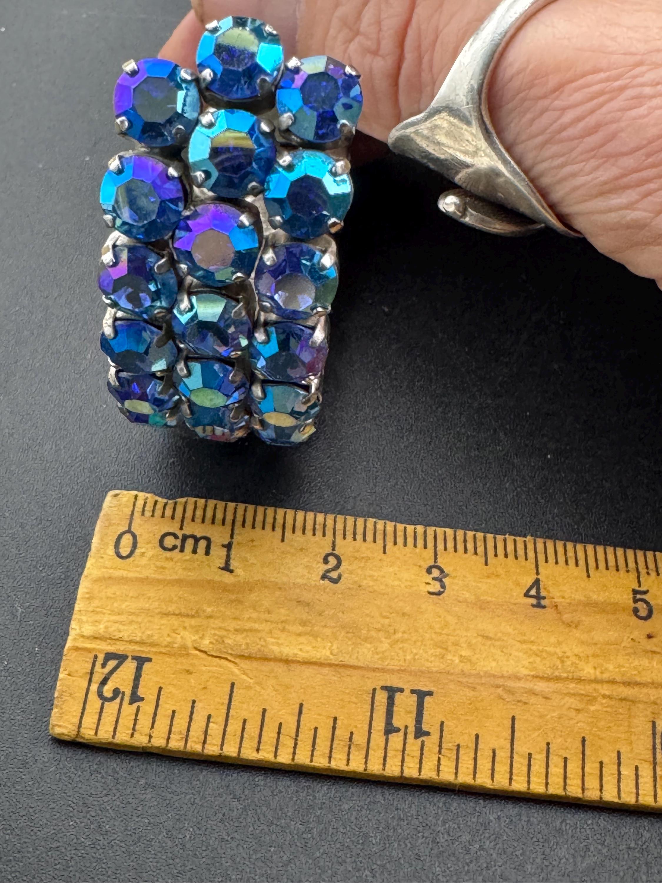 Vintage blue AB Aurora borealis rhinestone open cuff bracelet, silver tone