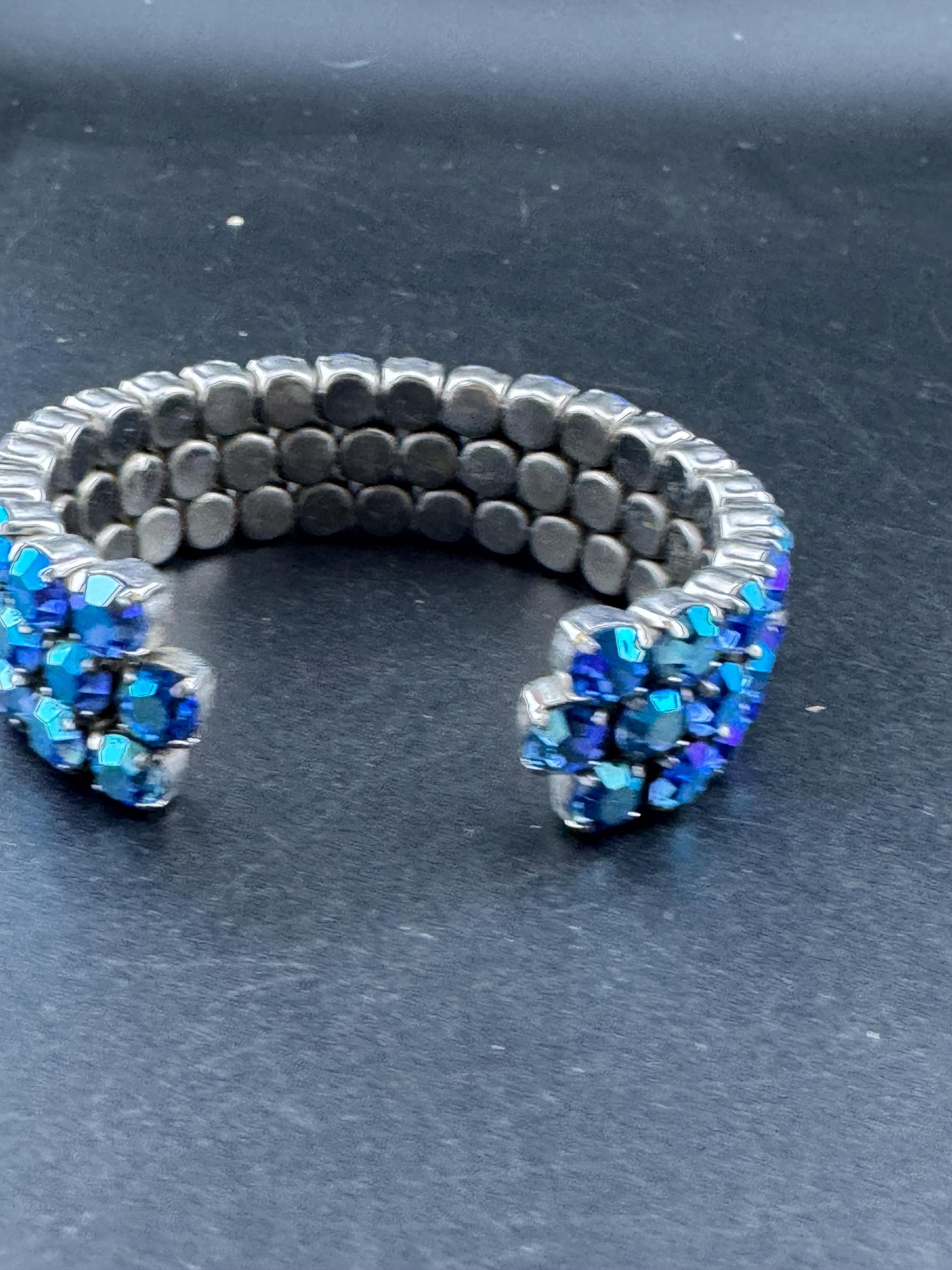 Vintage blue AB Aurora borealis rhinestone open cuff bracelet, silver tone