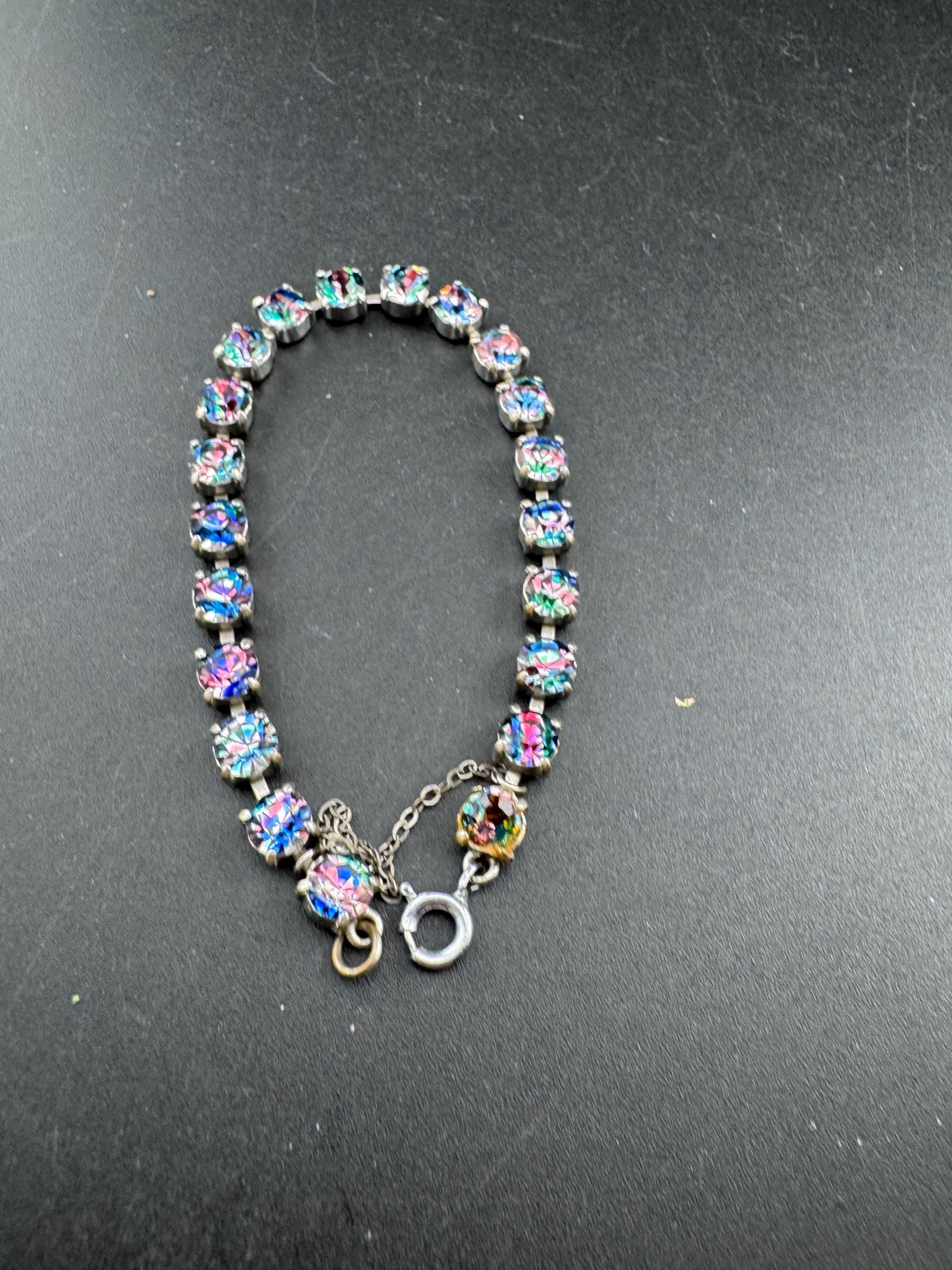 Vintage iris glass slim diamanté cocktail bracelet, safety chain