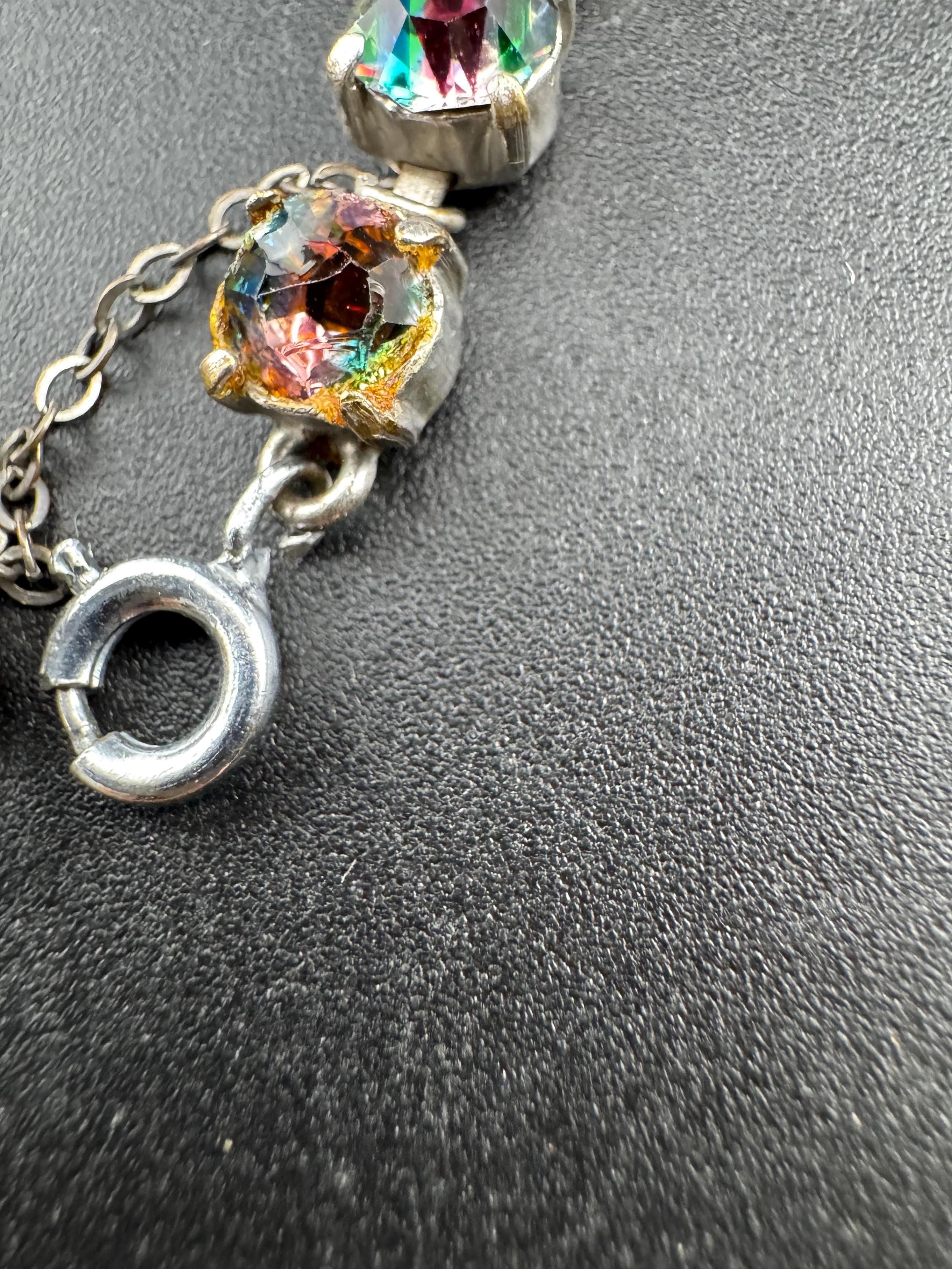 Vintage iris glass slim diamanté cocktail bracelet, safety chain