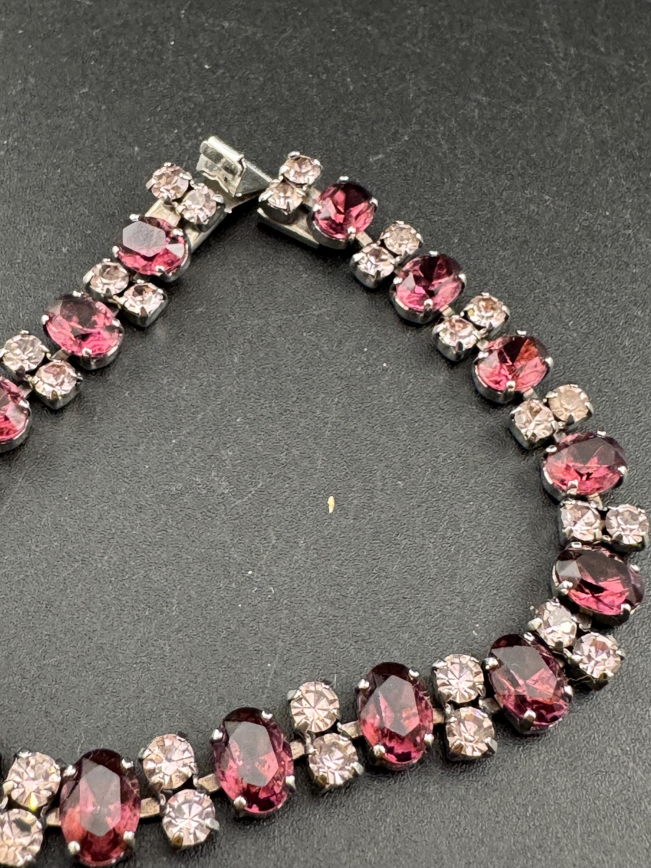 Vintage faux amethyst and clear rhinestone cocktail bracelet 19cm