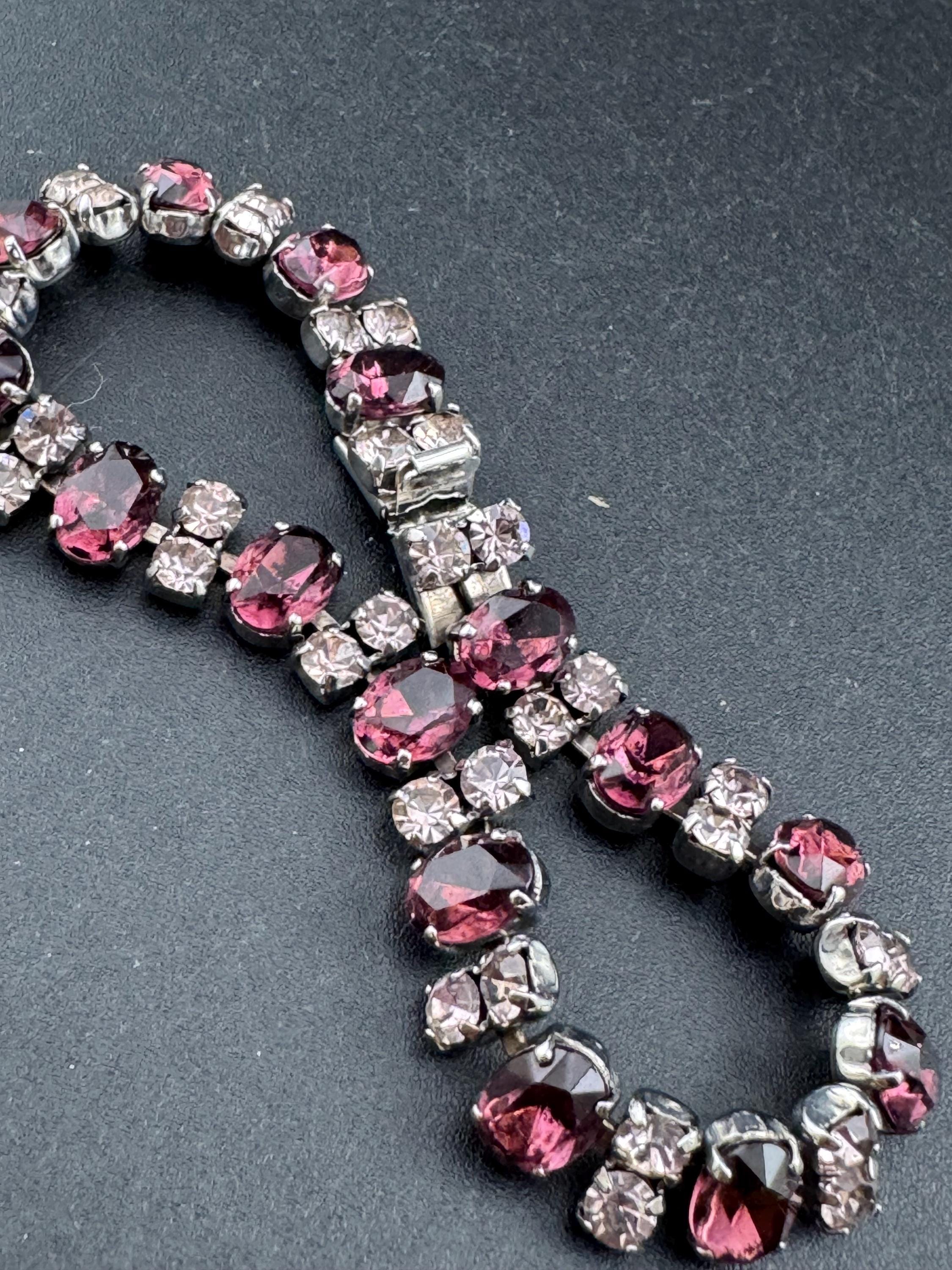 Vintage faux amethyst and clear rhinestone cocktail bracelet 19cm