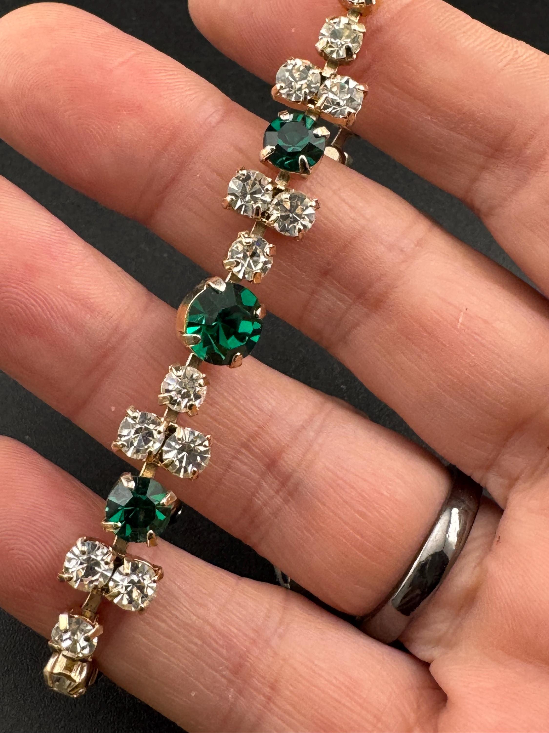 Vintage emerald green glass diamanté rhinestone cocktail bracelet, gold tone