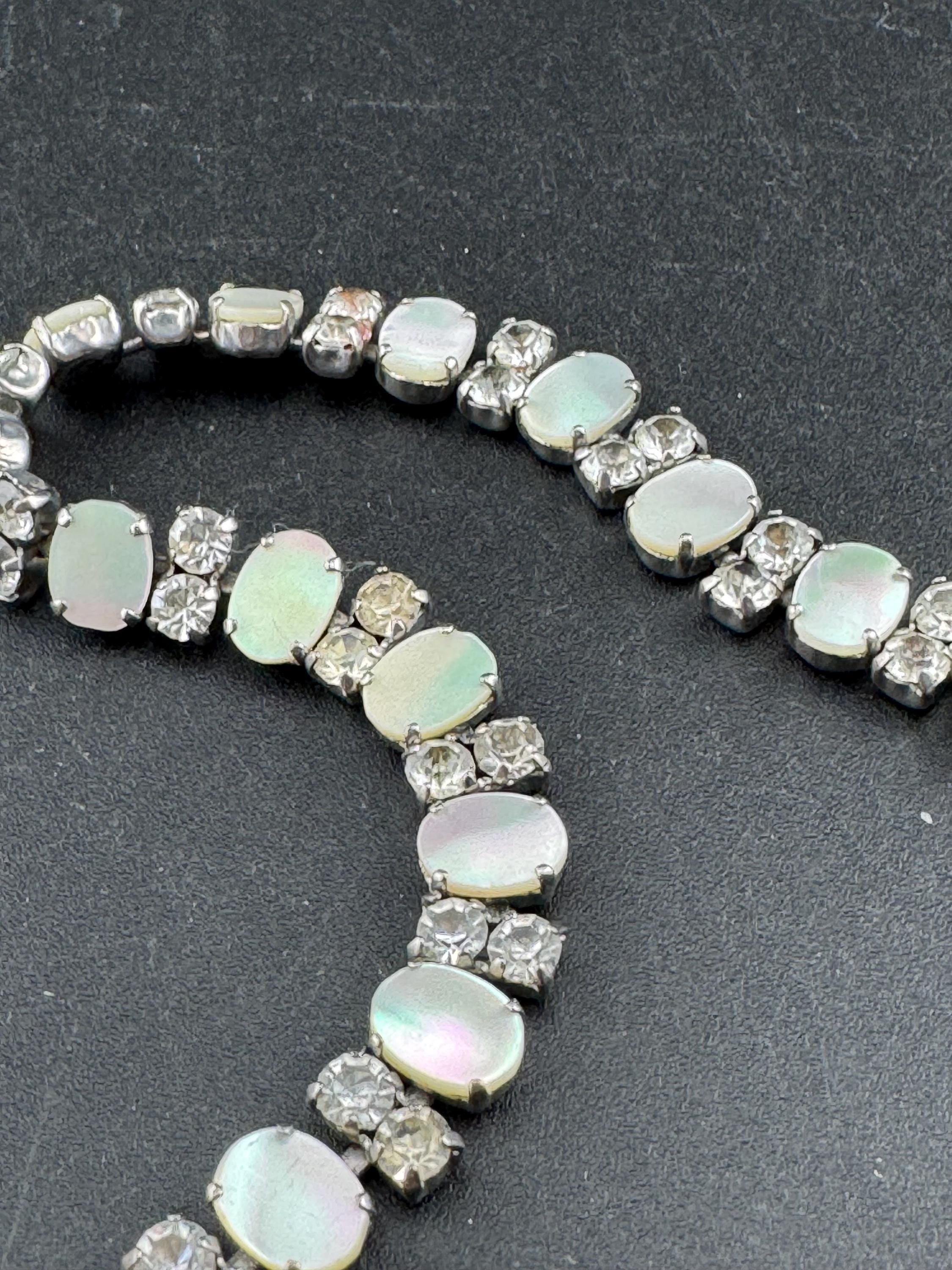 MOP Mother of pearl silver tone chrome panel link diamanté bracelet