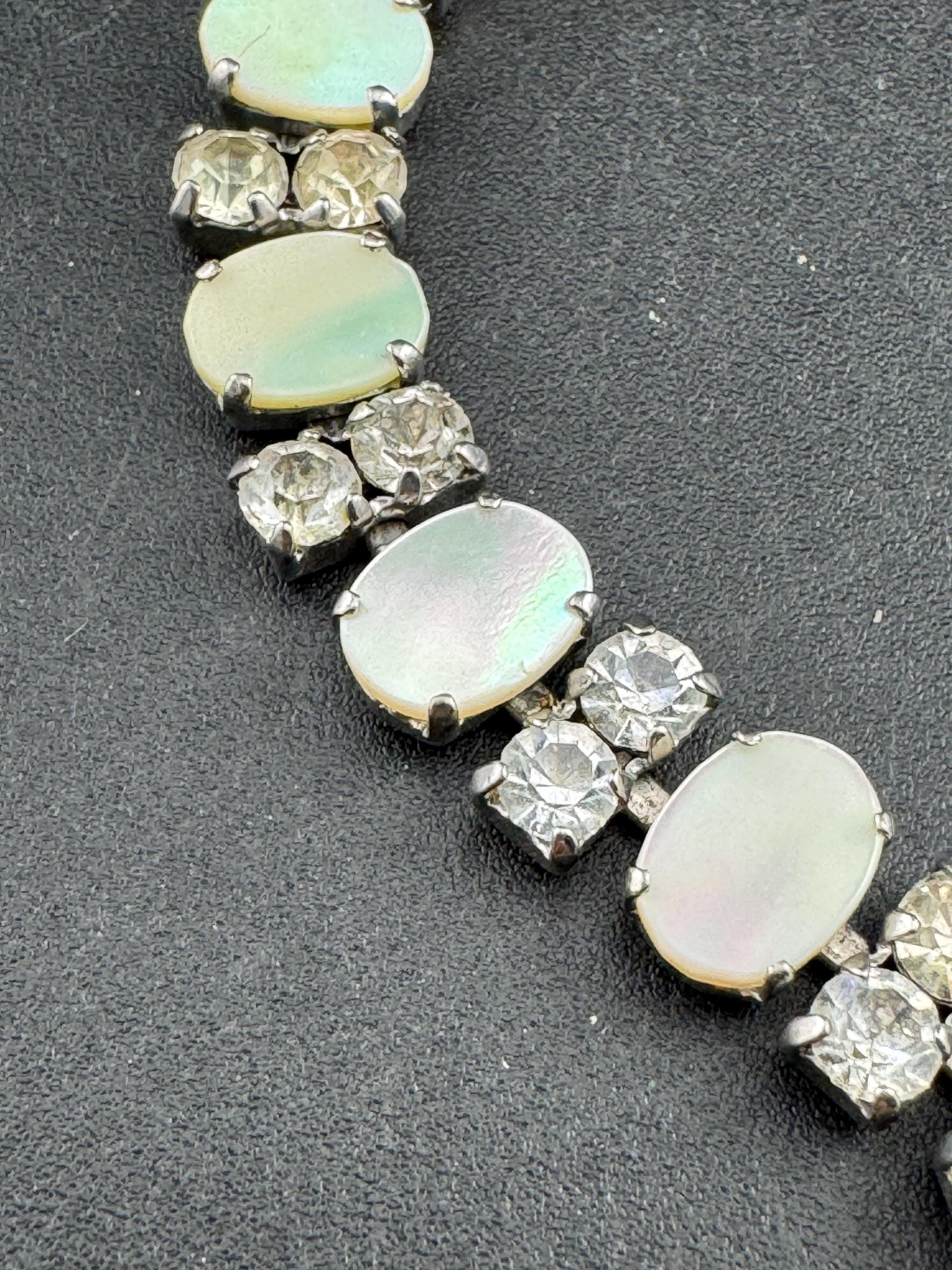 MOP Mother of pearl silver tone chrome panel link diamanté bracelet