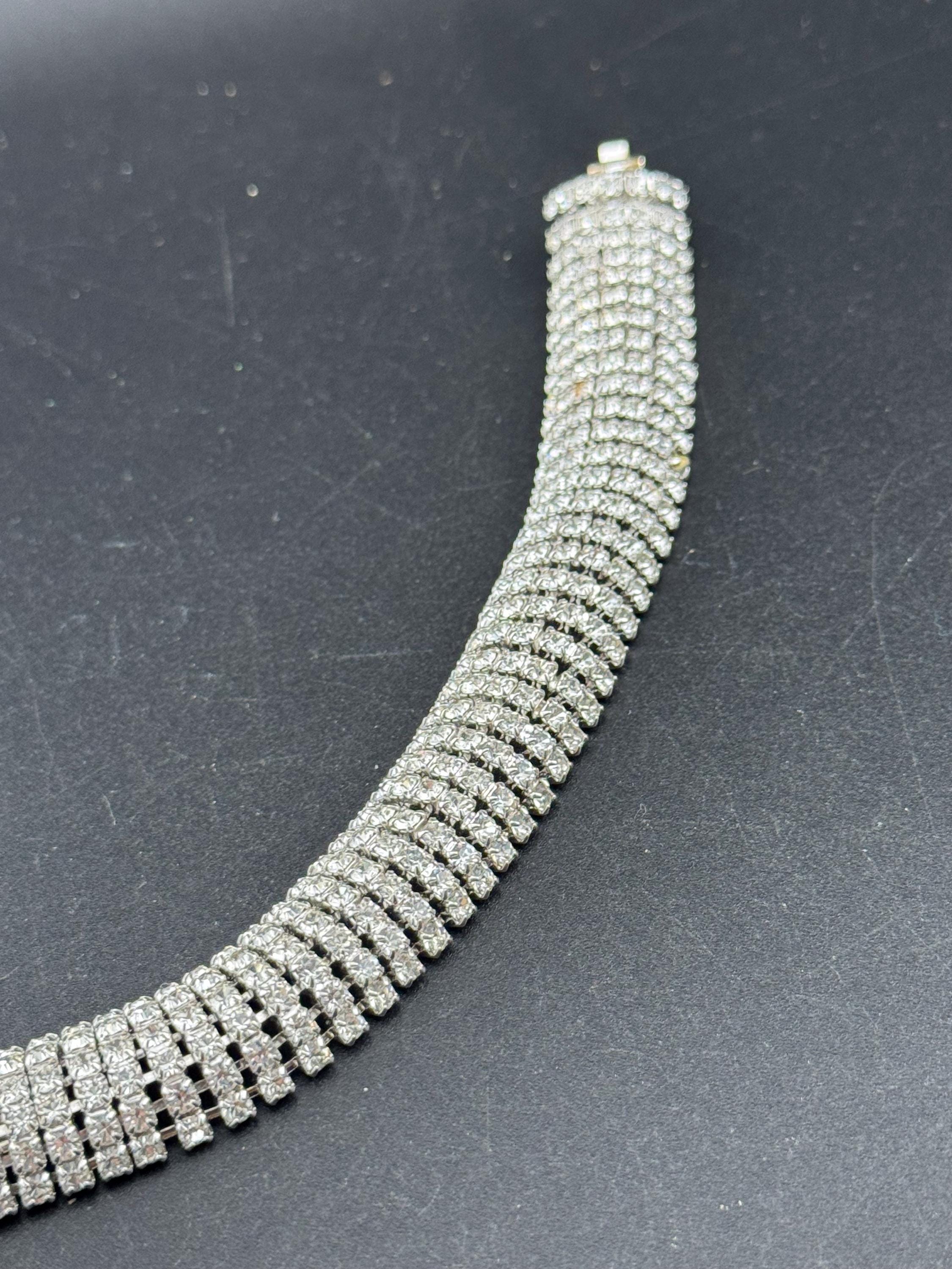 Vintage wide 8 row silver clear diamanté crystal cocktail tennis bracelet